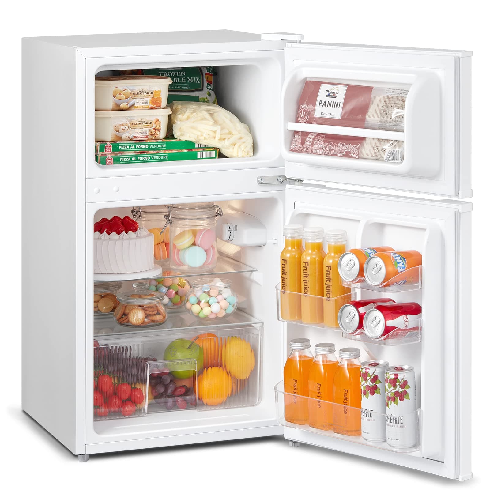 COMFEE' RCT87WH1(E) Under Counter Fridge Freezer, 87L Small Fridge Freezer with LED Light, Removable Shelves, Adjustable Thermostats and Legs, White [Energy Class F]