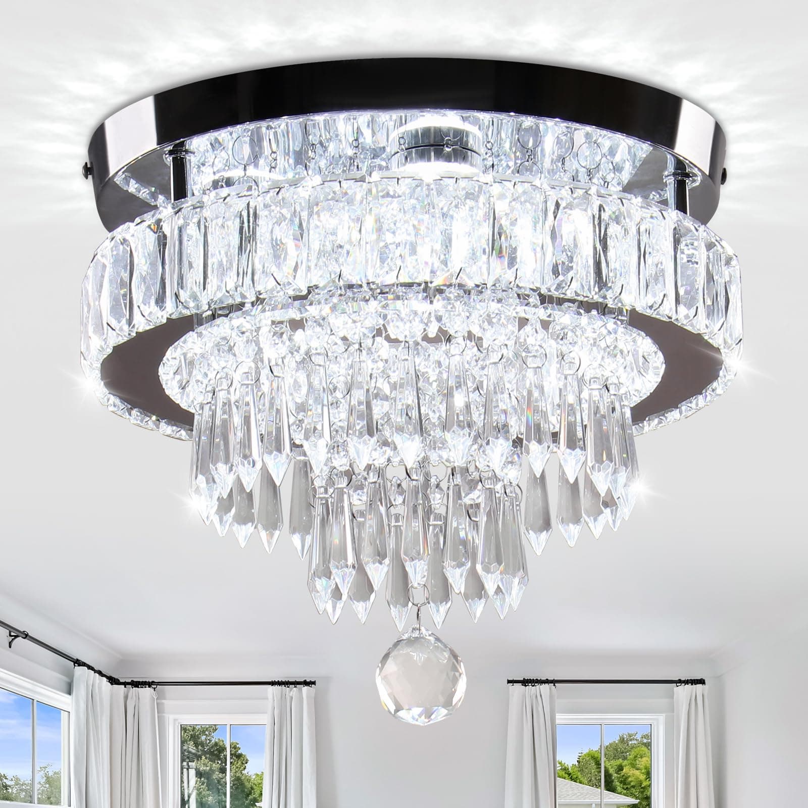 11.8" Modern LED Crystal Chandelier-Flush Mount Ceiling Light Fixture with K9 Crystals,Stainless Steel Small Chandelier for Bedroom Dining Room Hallway Entryway Foyer Closet,Energy Efficient 6500K