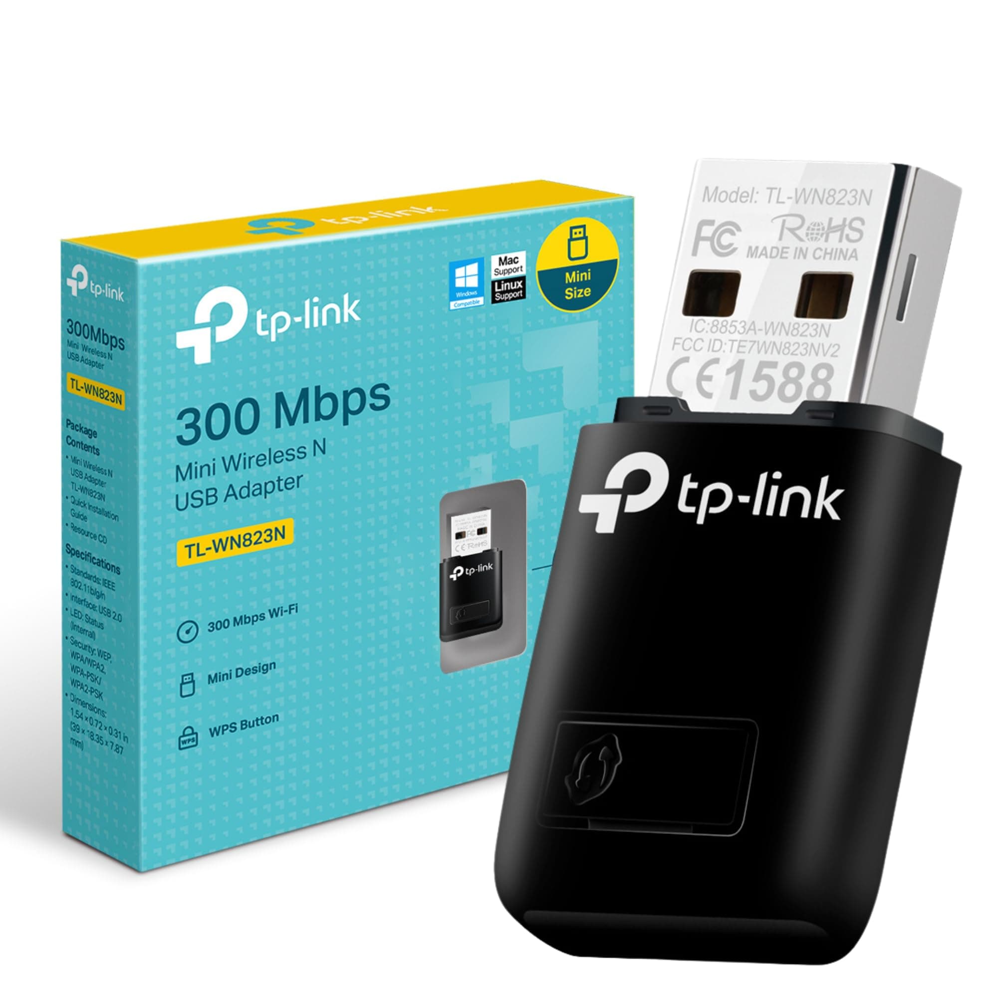 TP-Link TL-WN823N N300 Mini USB Wireless WiFi Network Adapter for pc, Ideal for Raspberry Pi