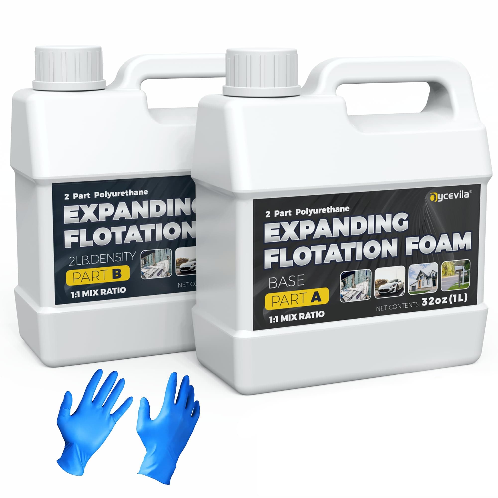 2 Quart Kit Marine Flotation Foam with Gloves, 2 Lb Density Polyurethane Expanding Foam for Fence Gap Filling, Reinforcement, Closed Cell Pourable Polyurethane for Boat Flotation, Insulation