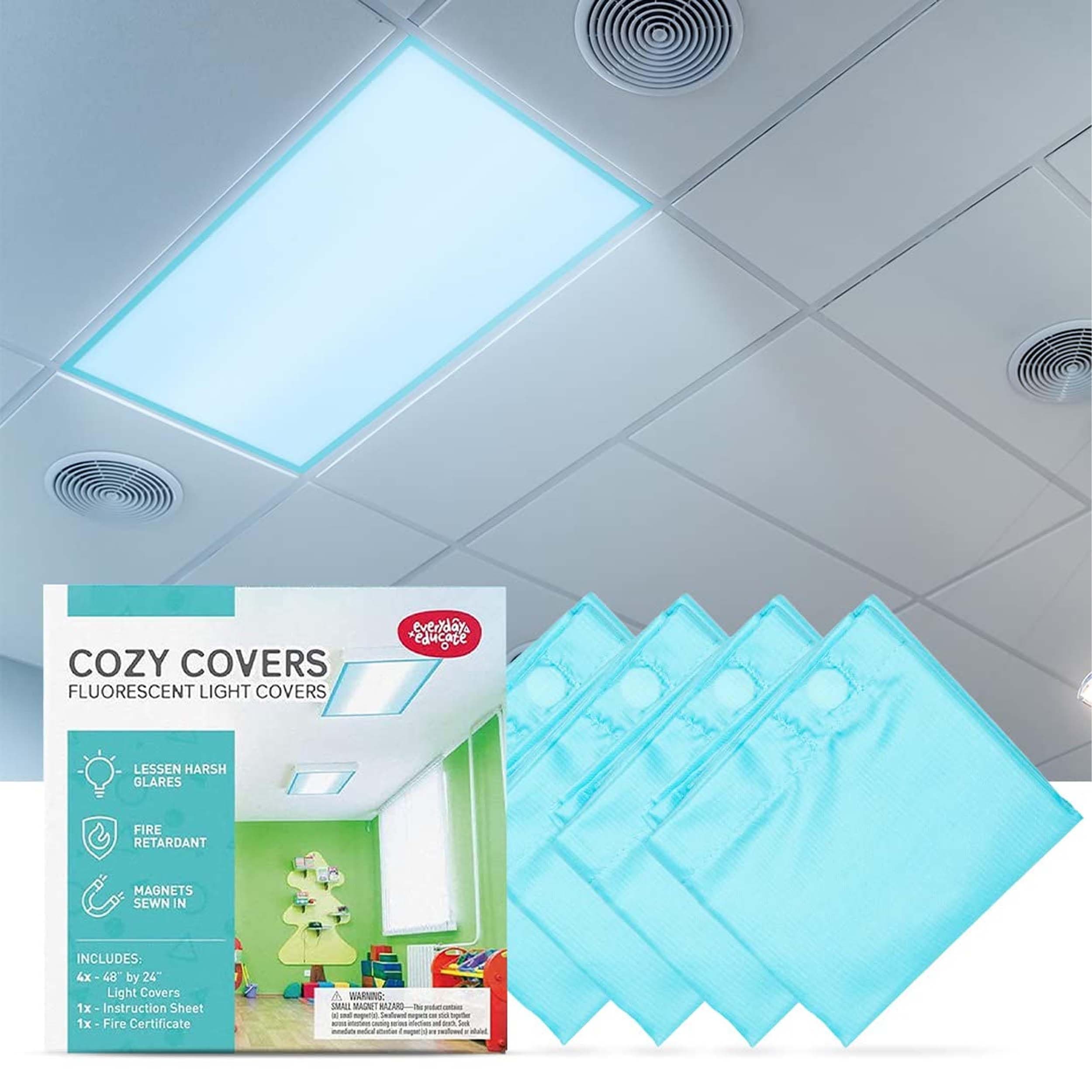 Fluorescent Light Covers - Eliminates Flicker & Glare - 48" x 24" (4 Pack, Sky Blue) - for Classroom, Office