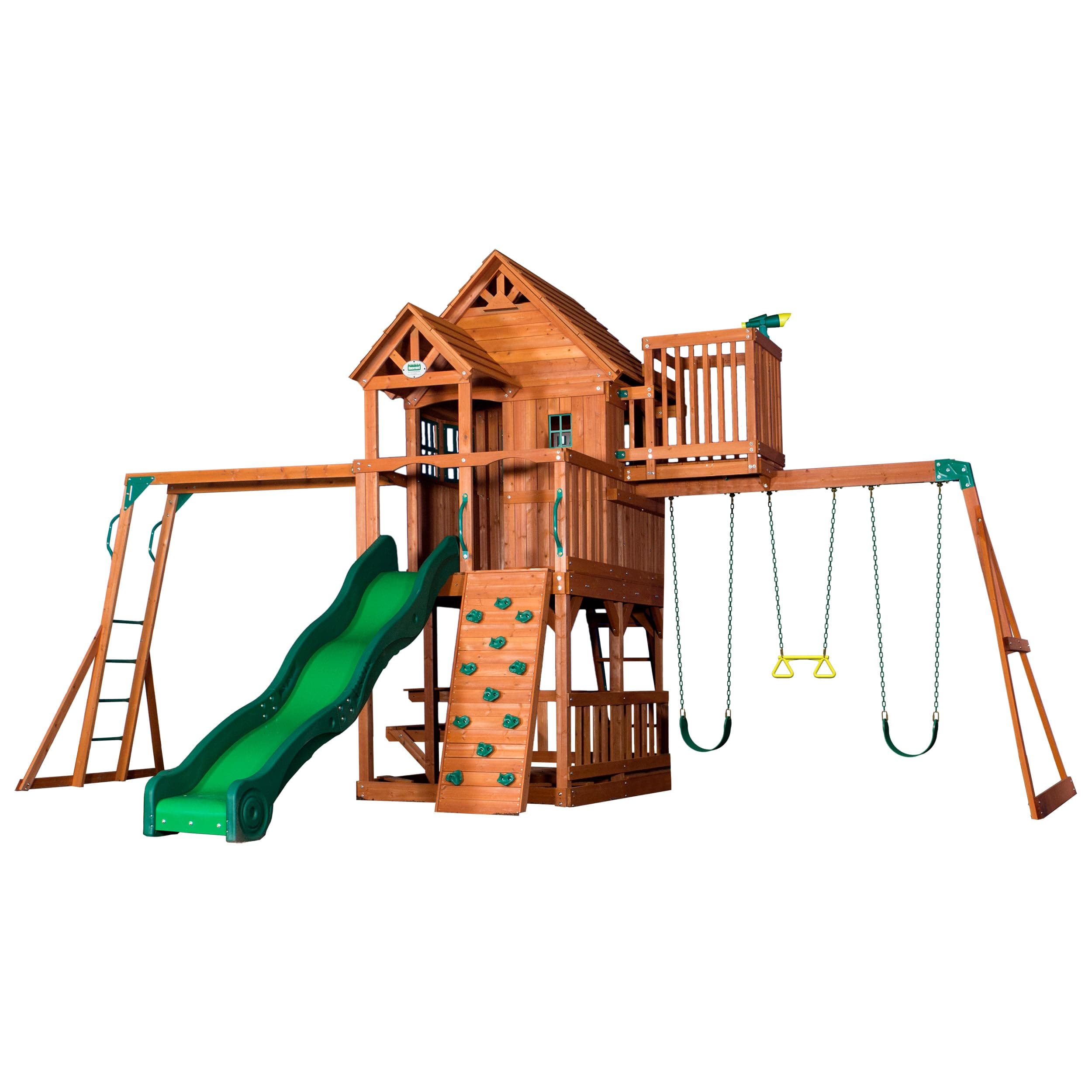 Backyard Discovery Skyfort II Cedar Wood Swing Set with Wave Slide, Raised Clubhouse, Crow's Nest, Monkey Bars, Balcony, Belt Swings, Trapeze, Rock Wall, Picnic Table, Sandbox, Ladder, Outdoor Playset