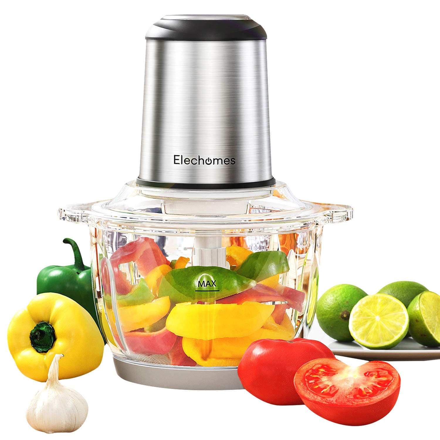Electric Food Processor & Vegetable Chopper, Elechomes High Capacity 8-Cup Blender Grinder for Meat, Onion, Powerful 300W Motor & 4 Detachable Dual Layer Stainless Steel Blades, BPA-Free Glass Bowl