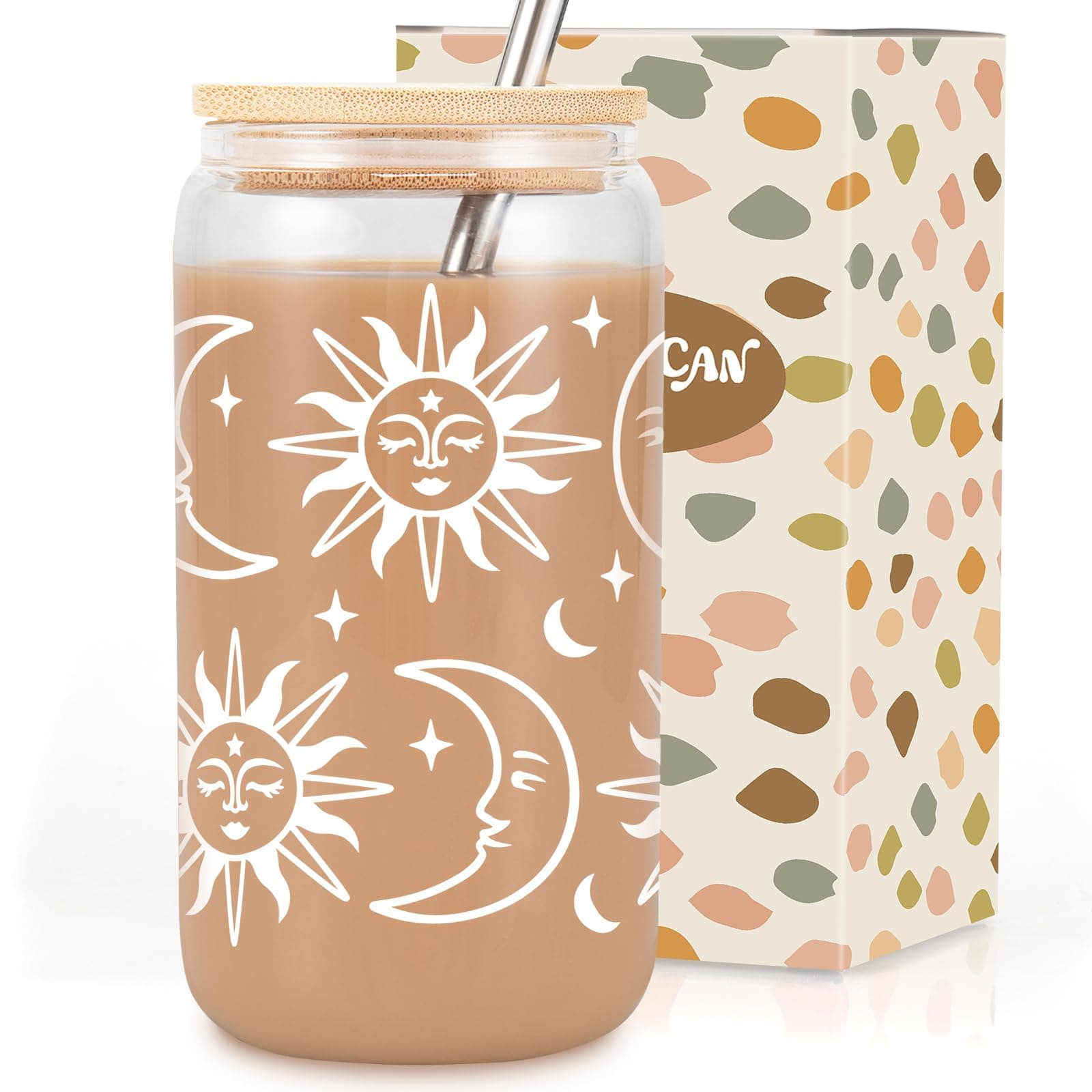 CoolifeCelestial Sun Moon 16 oz Iced Coffee Cup - Witchy Decor Aesthetic, Witchy Gifts for Women, Mystic Valentines, Birthday Spooky Sun and Moon Gifts, Witch Tumbler Glass Cups w/Lids Straws