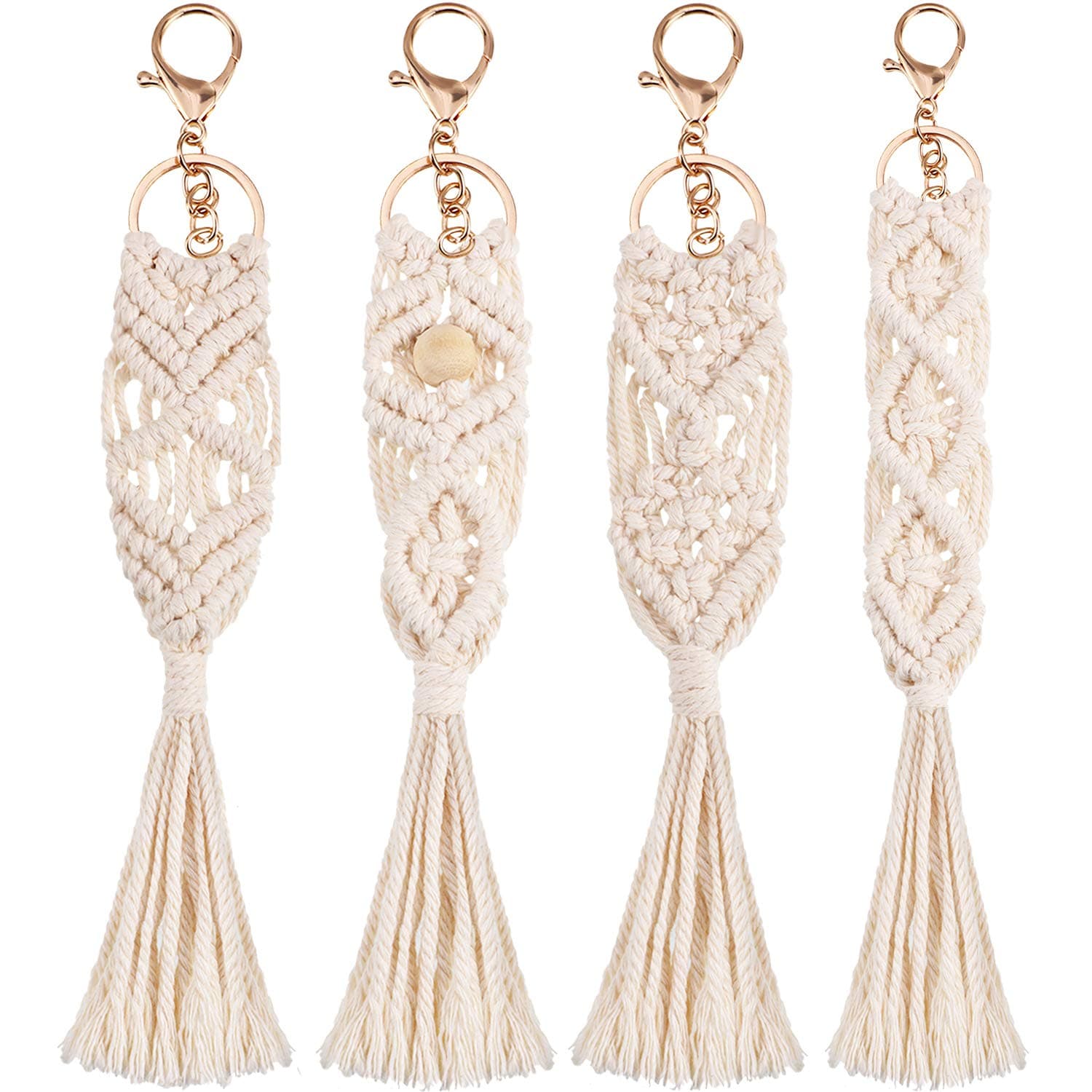 4 Pieces Mini Macrame Keychains Boho Macrame Bag Charms with Tassels Handcrafted Accessory for Car Key Purse Phone Supplies, Beige