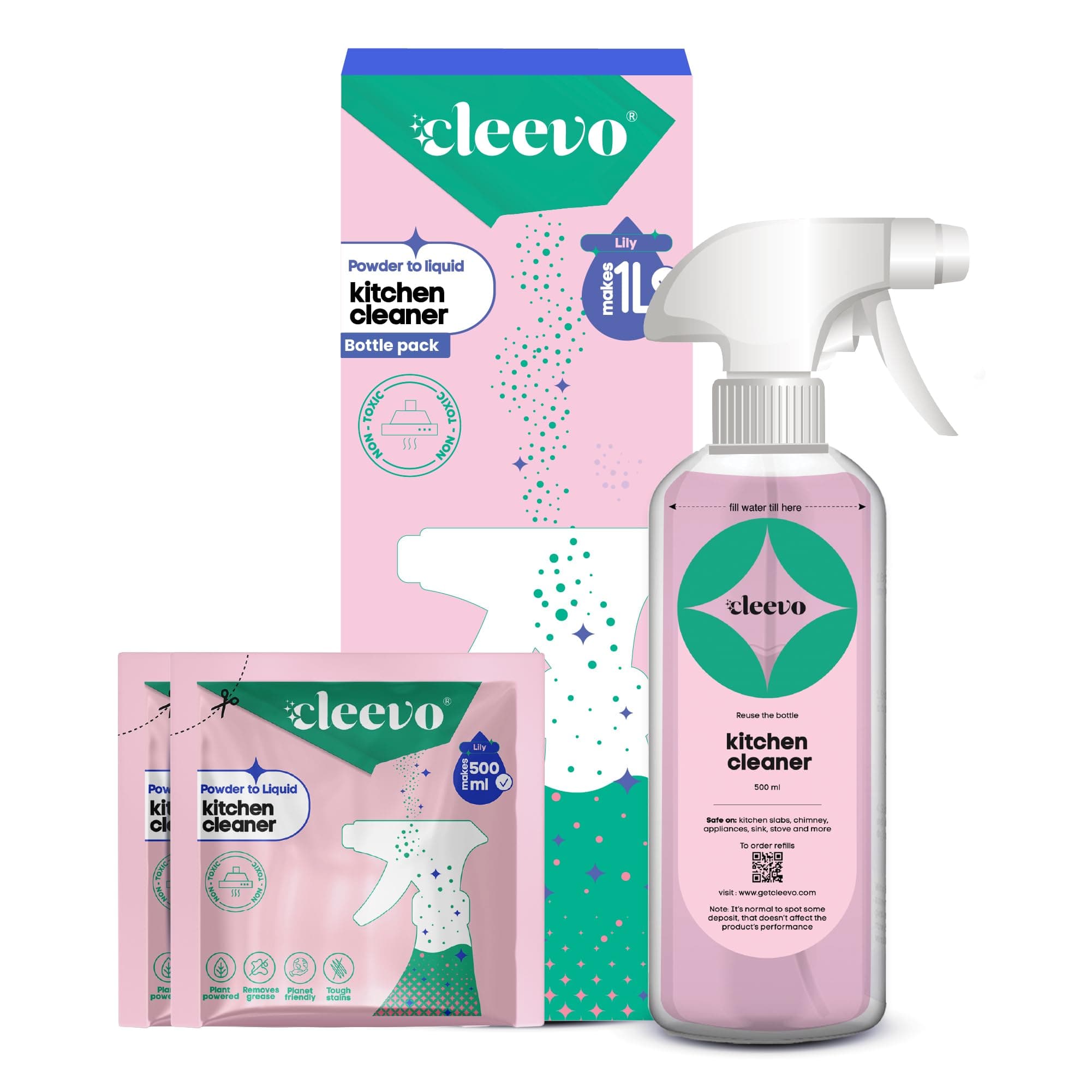 Kitchen Cleaner Spray 1L Bottle Pack (2 Sachets makes 1 Litre)|Powder to Liquid | | Non-Toxic Degreaser for Gas Stove, Chimney & Countertop | Surface Cleaner (Lilly)