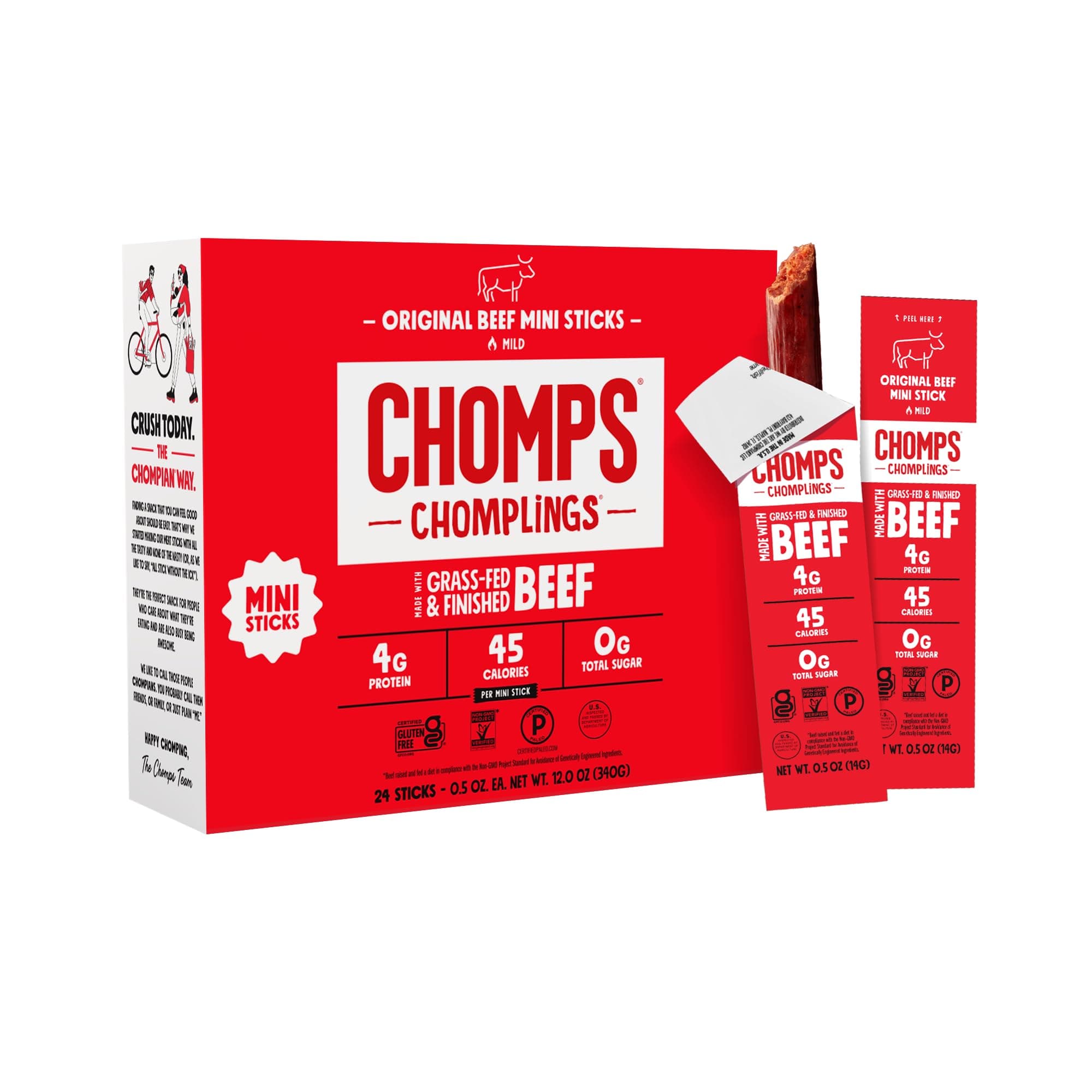 Chomps Snack Size Grass-Fed Original Beef Jerky Snack Sticks 0.5oz 24-Pack - Keto, Paleo, Whole30, 4g Lean Meat Protein, Gluten-Free, Zero Sugar Food, Non-GMO Chomplings