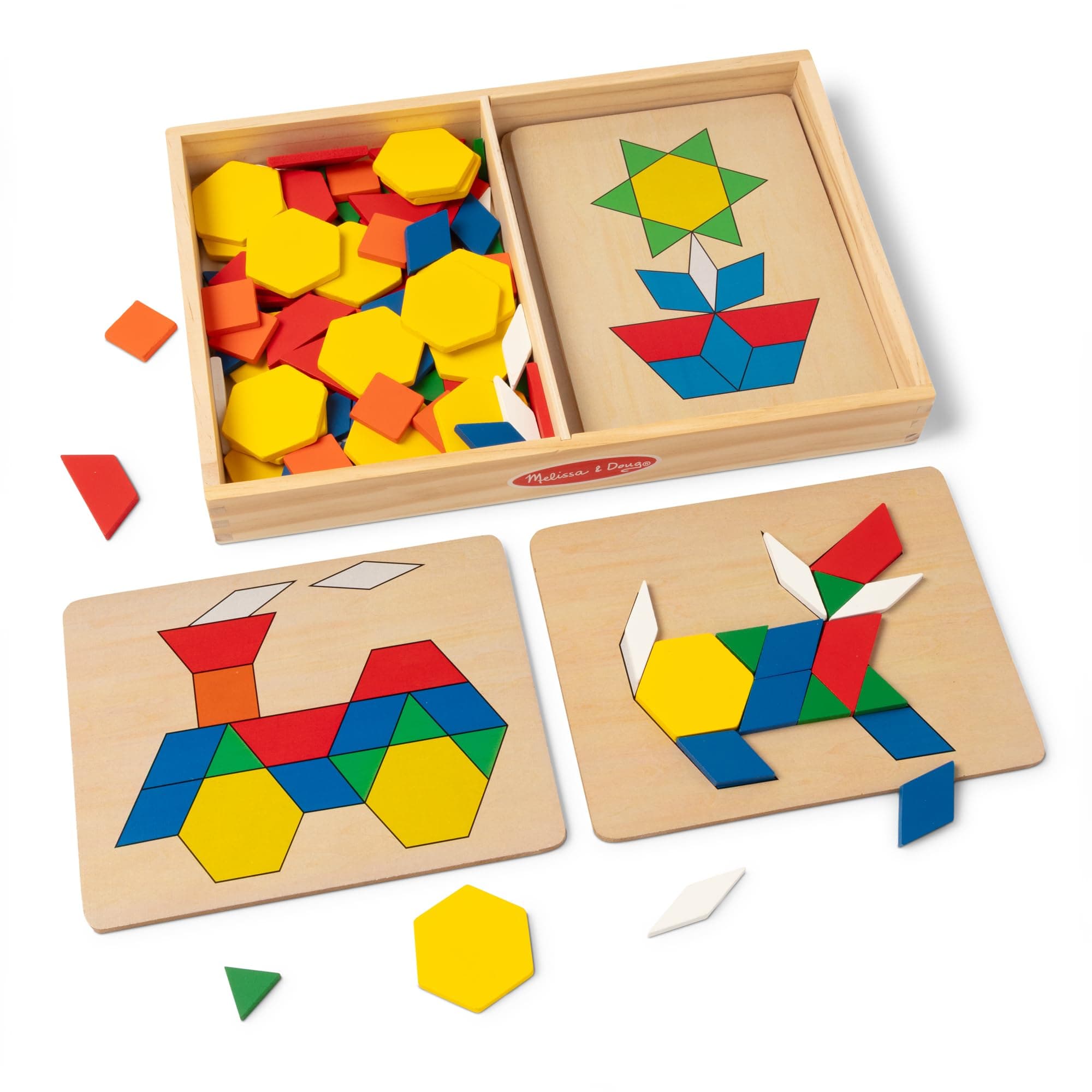 Melissa & Doug Pattern Blocks and Boards with 120 Multi-Colored Wooden Shape Tiles, 5 Double-Sided Puzzle Boards, Tangram Puzzles, Montessori Toys for Girls & Boys