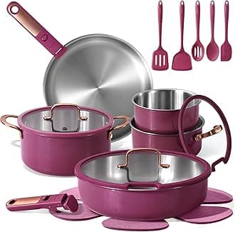 CAROTE 19pcs Stainless Steel Cookware Set with Detachable Handle, Pots and Pans Set, Induction Kitchen Cooking Sets, RV/Camping Cookware, Outer Ceramic Layer, Oven Safe, with Utensil, Violet Purple