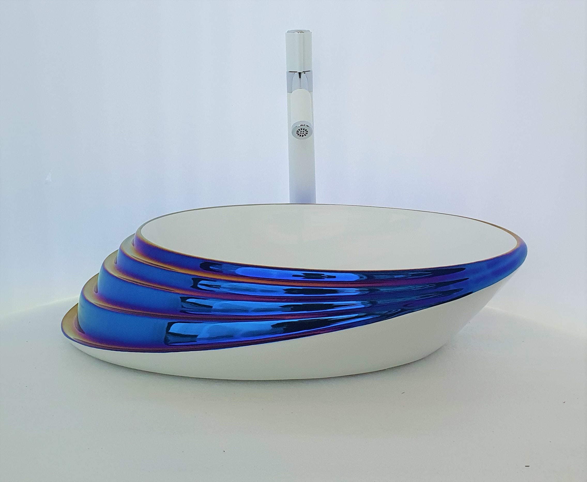 B Backline Ceramic Designer Oval Shape Counter Top/Table Top/Vessel Sink Glossy Finish for Bathroom & Living Room 52 X 38 X 13 cm (Blue White Glossy)