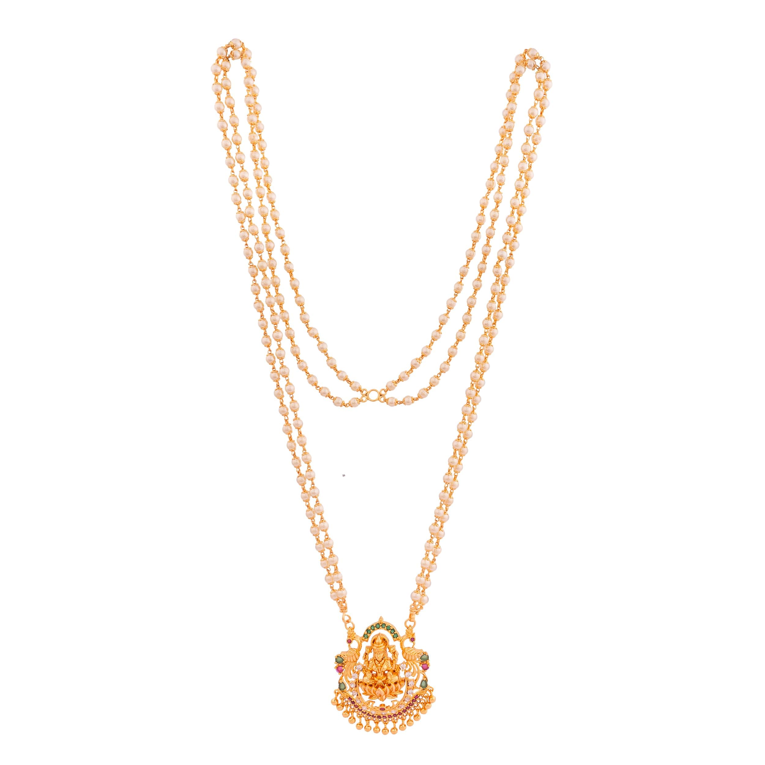 Radha's Creations LONG pearl chain NECKLACE with ruby emerald Laxmi pendant one gram gold for women and girls no.1032