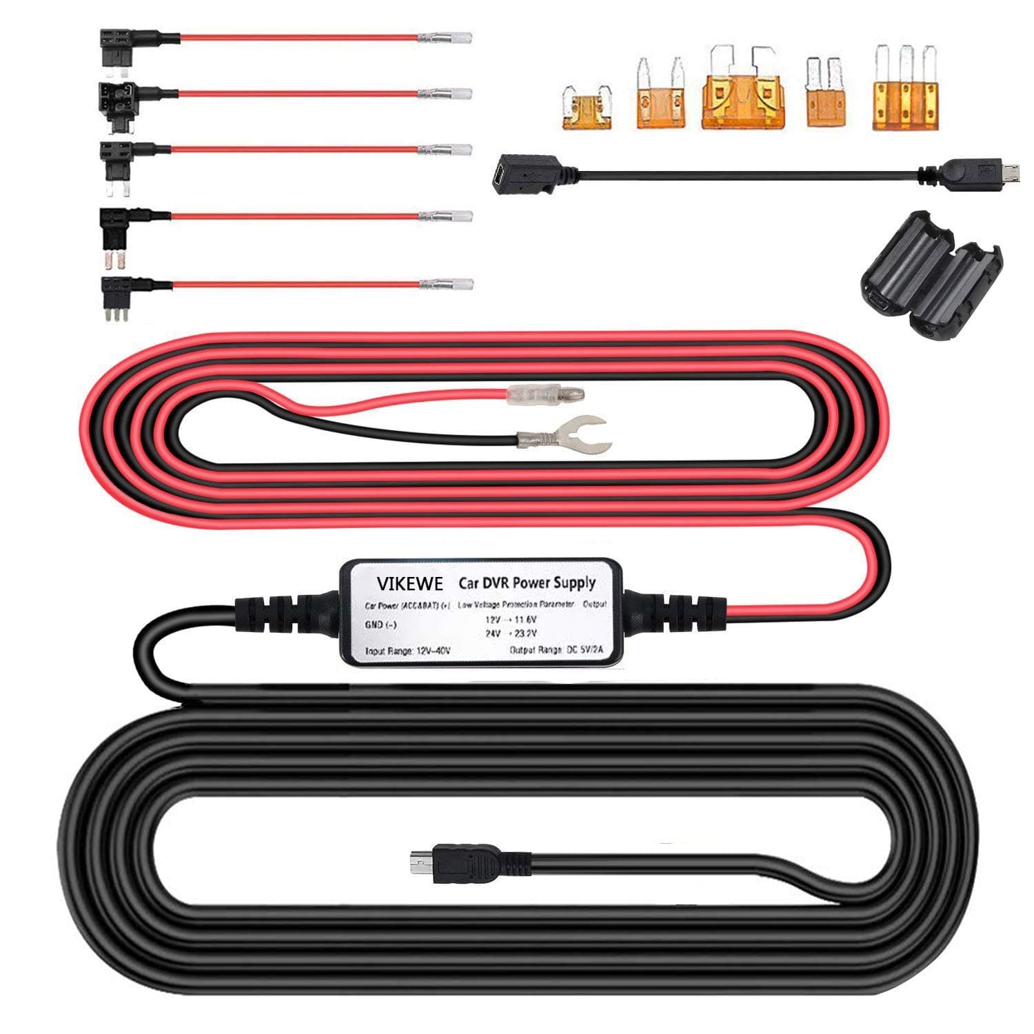 VIKEWE Upgraded Dash Cam Hardwire Kit, 13ft Cable with Mini and Micro USB Port for Dash Camera, Battery Drain Protection, 12V-24V to 5V Car Charger Power Cord with 5 Fuse Kit and Installation Tool