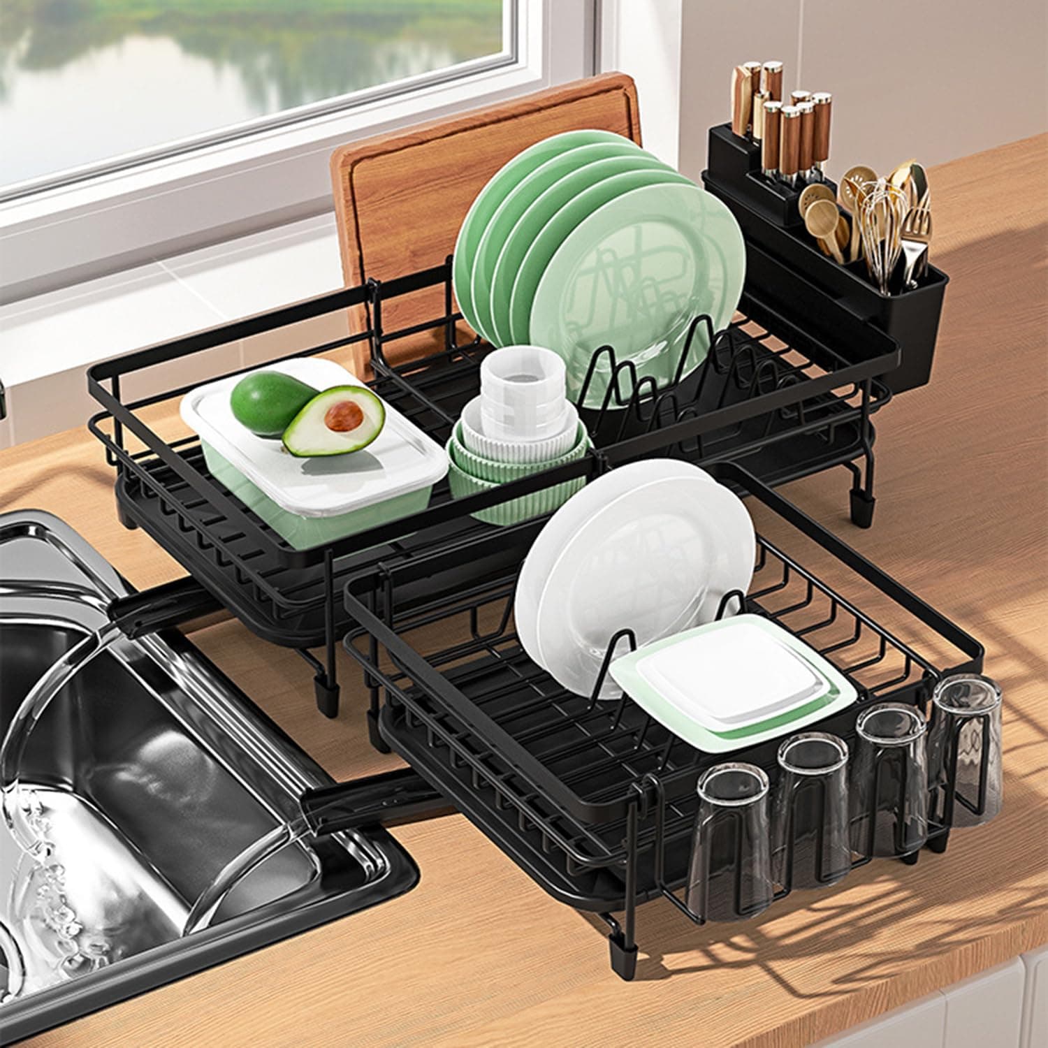 HIKKY Extendable Dish Drying Stand, Dish Drainer for Kitchen Countertop, Multifunctional Kitchen Dish Rack with Drainboard Tray, Cups Holder, Utensil Holder & Cutting Board Holder(Black)