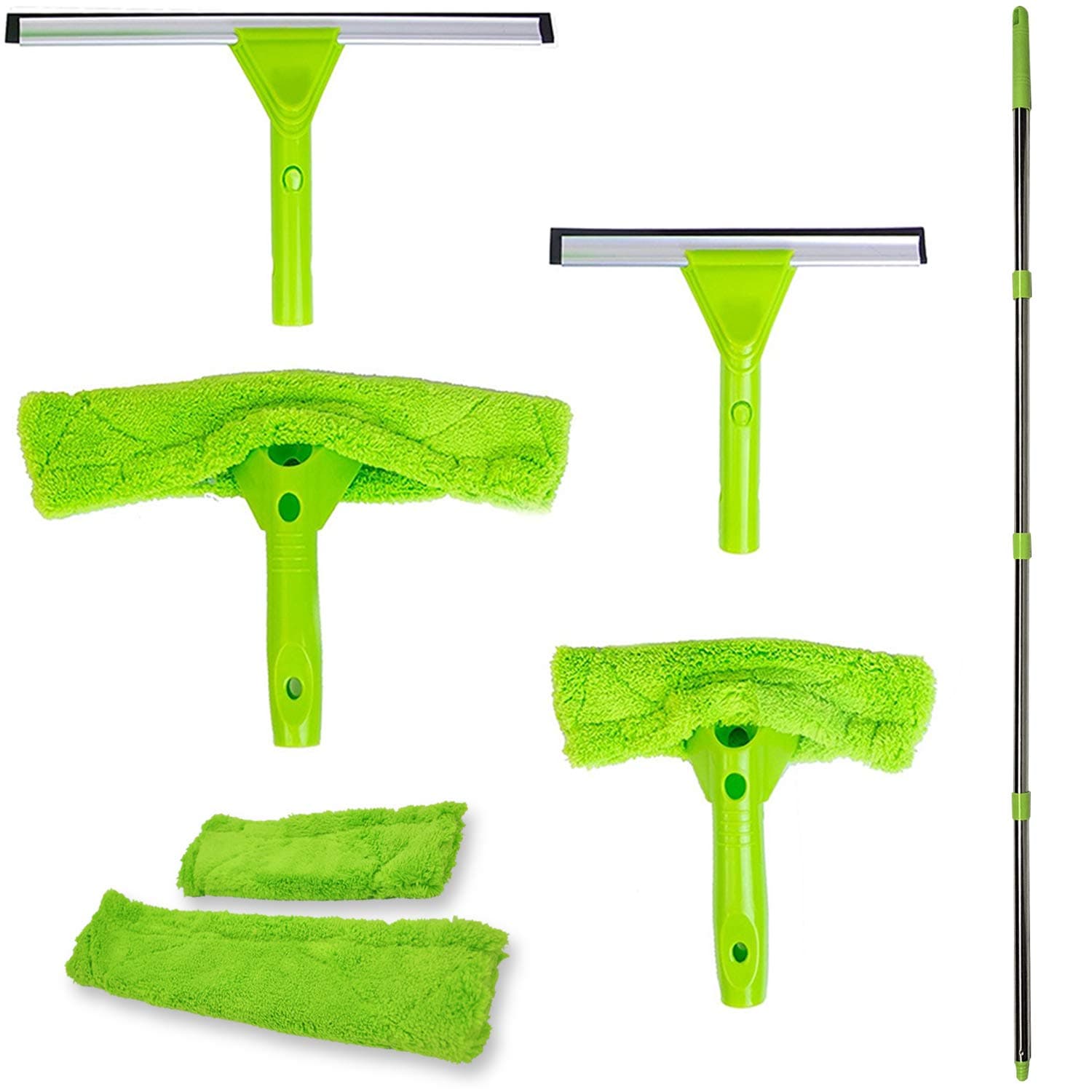 NeverEnding Reach Squeegee Window Cleaner Kit | Shower Squeegee, High Window Cleaning Tools, Car Windshield Tool and Doors - Indoor / Outdoor Washing Equipment with Extension Pole and 4 Washer Heads