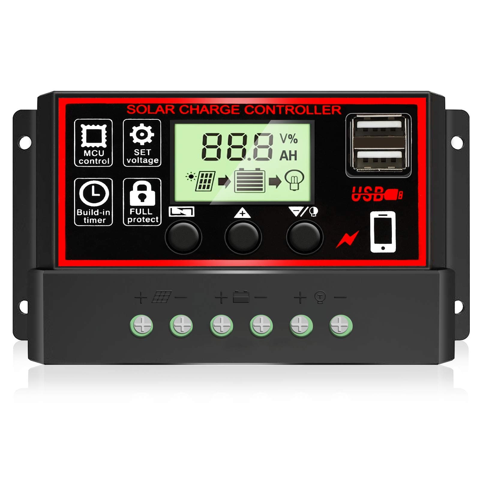 [2021 Upgraded] 30A Solar Charge Controller, Black Solar Panel Battery Intelligent Regulator with Dual USB Port 12V/24V PWM Auto Paremeter Adjustable LCD Display
