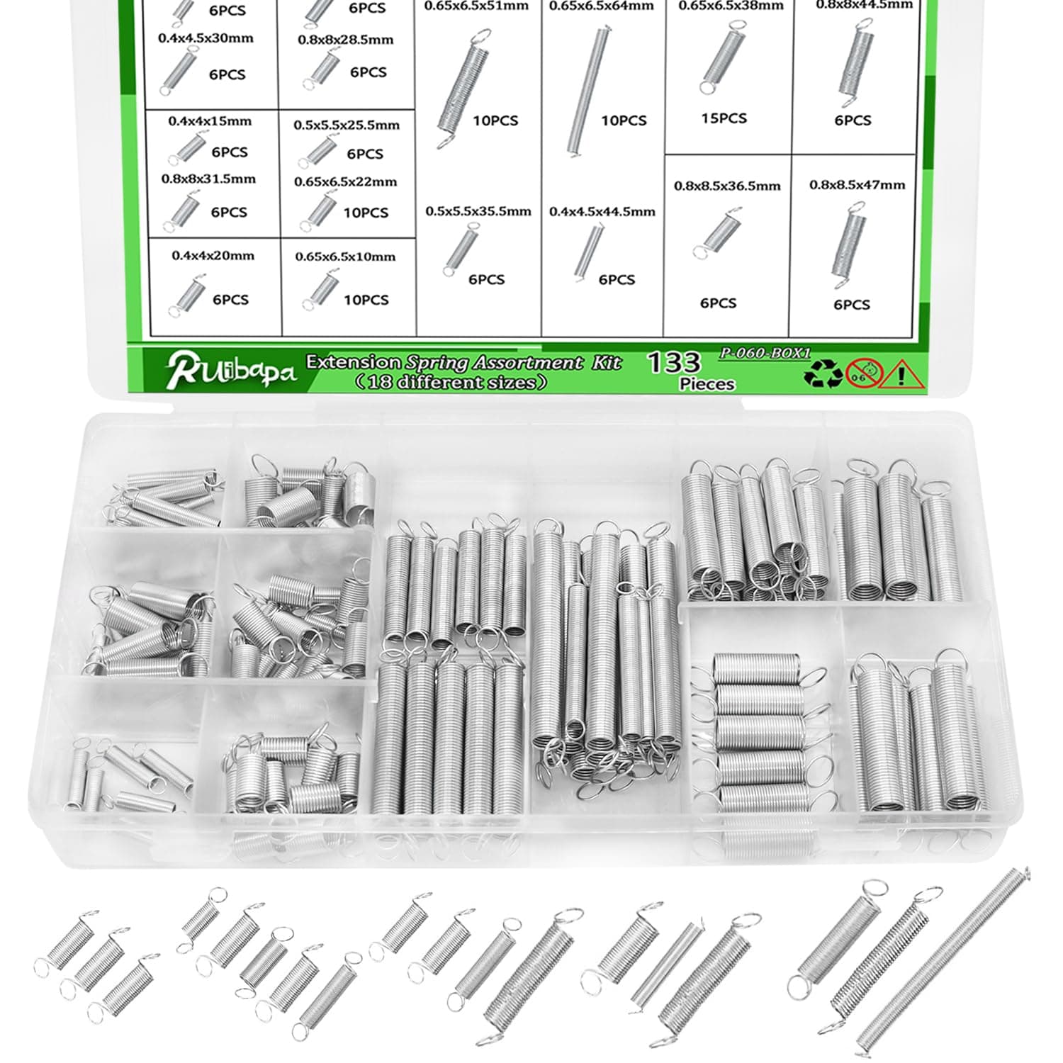133 PCS Extension Spring Assortment Kit 18 Different Sizes Zinc Plated Extension Springs for Home Repairs & DIY Springs Assortment