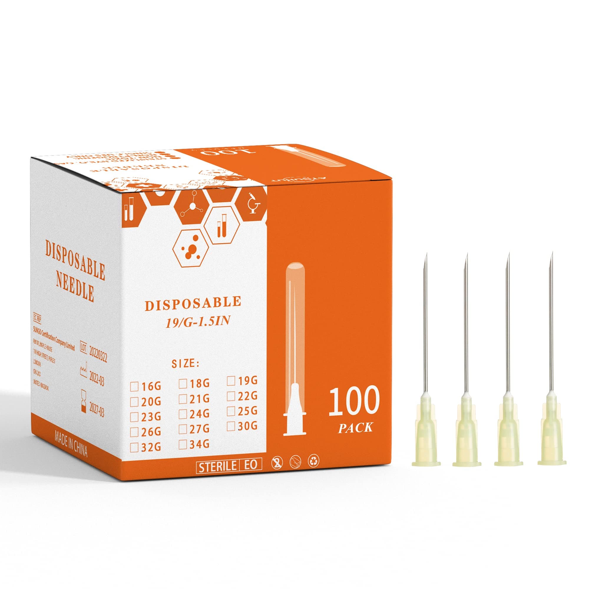 Disposable Luer Lock Needle 100Pack (19G-1.5IN)
