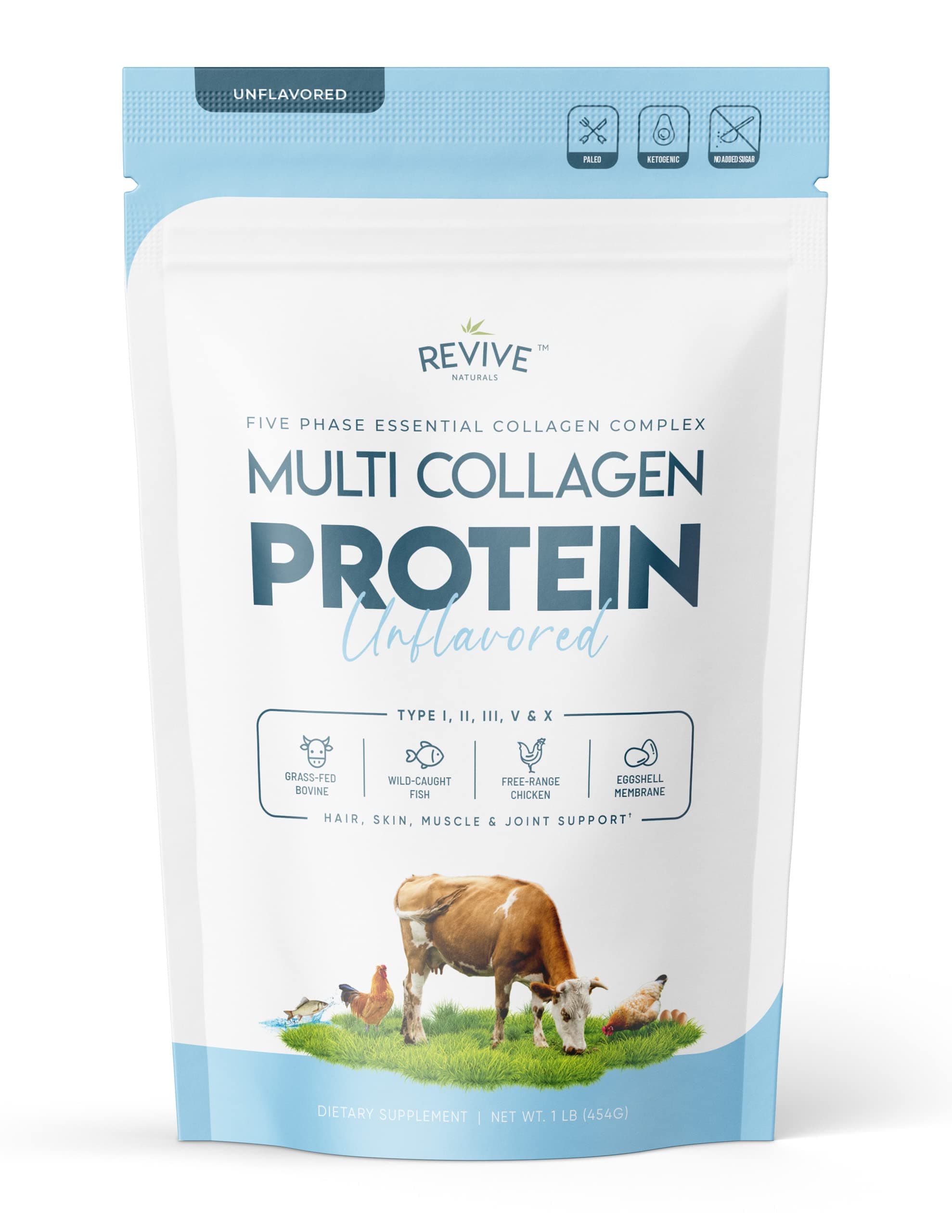 Multi Collagen Hydrolyzed Protein Powder (16oz) - Types I, II, III, V & X - Grass Fed Bovine (Peptan®), Wild Caught Marine, Free Roaming Chicken & Eggshell Collagen Peptides, Non-GMO, GF.