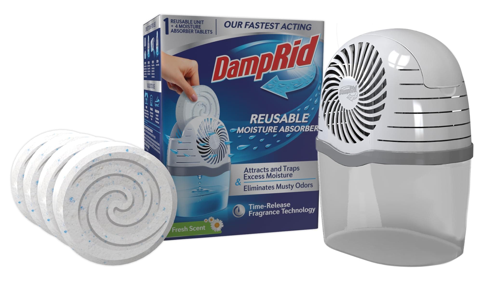 - DampRid Reusable Moisture Absorber with 4 Drop-In Tablets, Fresh Scent, 15.8 oz., Attract and Trap Excess Moisture & Eliminate Musty Odors for Cleaner, Fresher Air