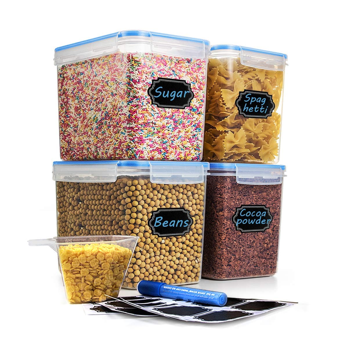 Cereal & Dry Food Storage Container, Estmoon Plastic Storage Containers, Airtight, Leak proof With Locking Lids - Suitable For Cereal, Flour, Sugar, Rice, Snacks - Set of 4 (122.99 oz / 3.6L)
