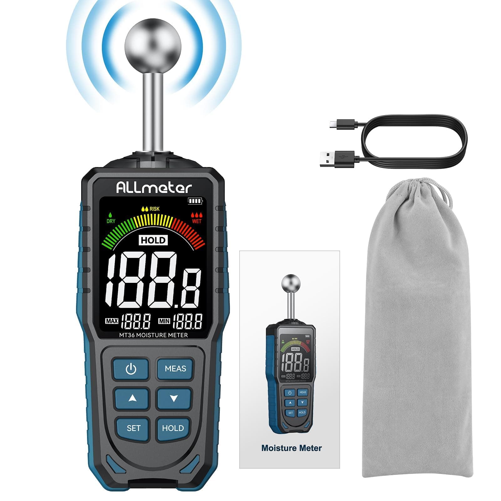 Spherical Inductive Moisture Meter Pinless Moisture Meter 5-40mm Analysis Depth with 3 Color LCD Indicator,USB Rechargeable Wood Meter Light Buzzer Alarm for Wall,Wood,Masonry,Concrete.Home Inspection