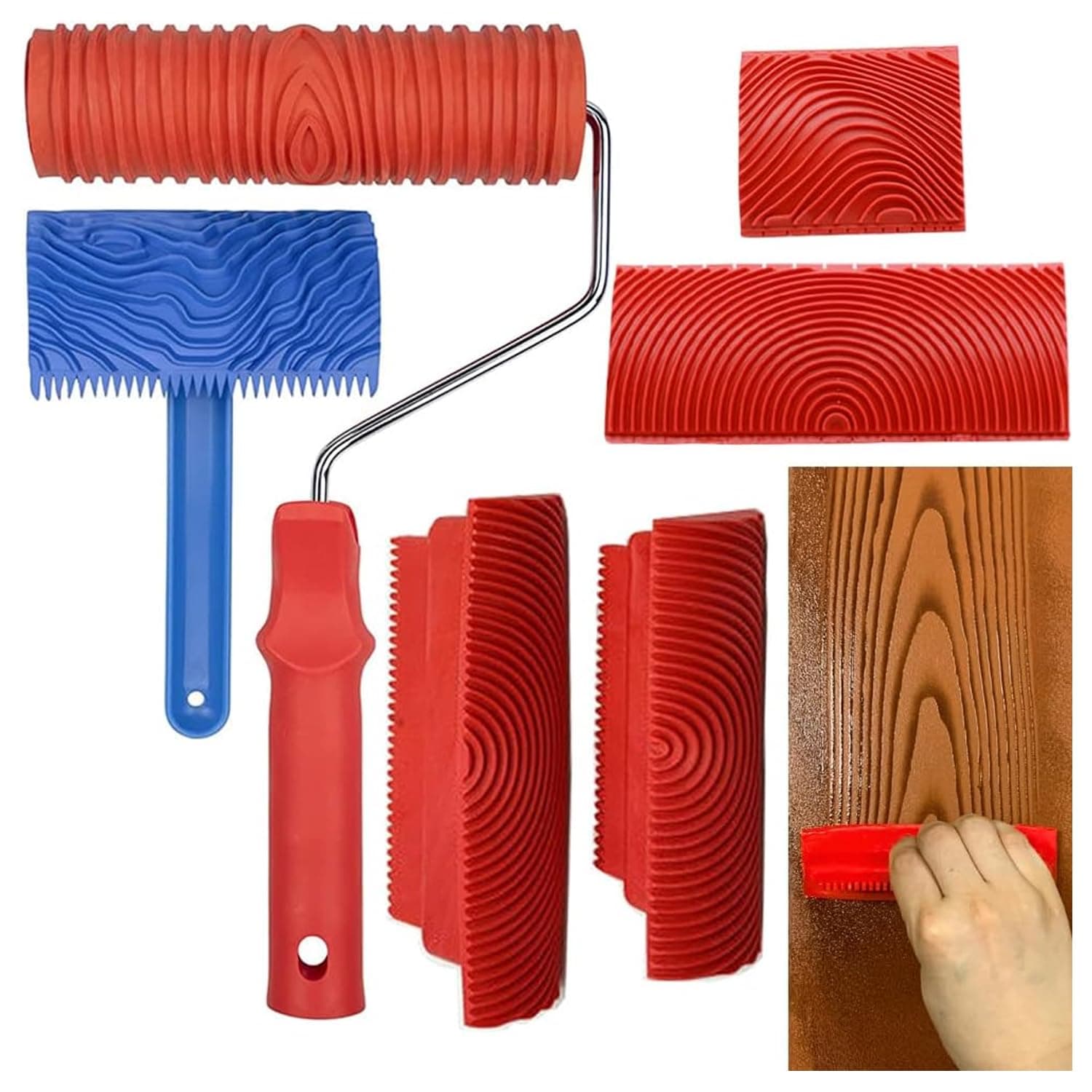 Paint Roller Set, Wood Graining Tool Set, 6pcs Wood Grain Roller Painting Tool with Handle DIY Rubber Graining Tool for DIY Wall Art and Decoration