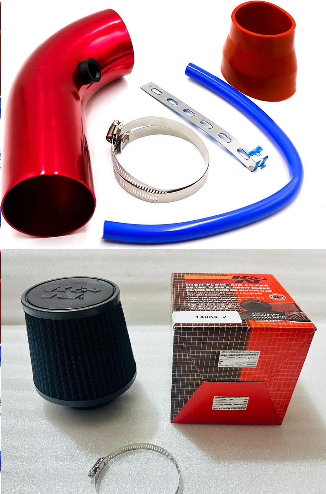AUTO MT K N AIR FILTER + Cold Air Intake Pipe 76mm 3 Inch Universal Car Turbo Filter Aluminum Air Filter Induction Flow Hose Pipe Kit (RED Air Intake Pipe + K N AIR FILTER)
