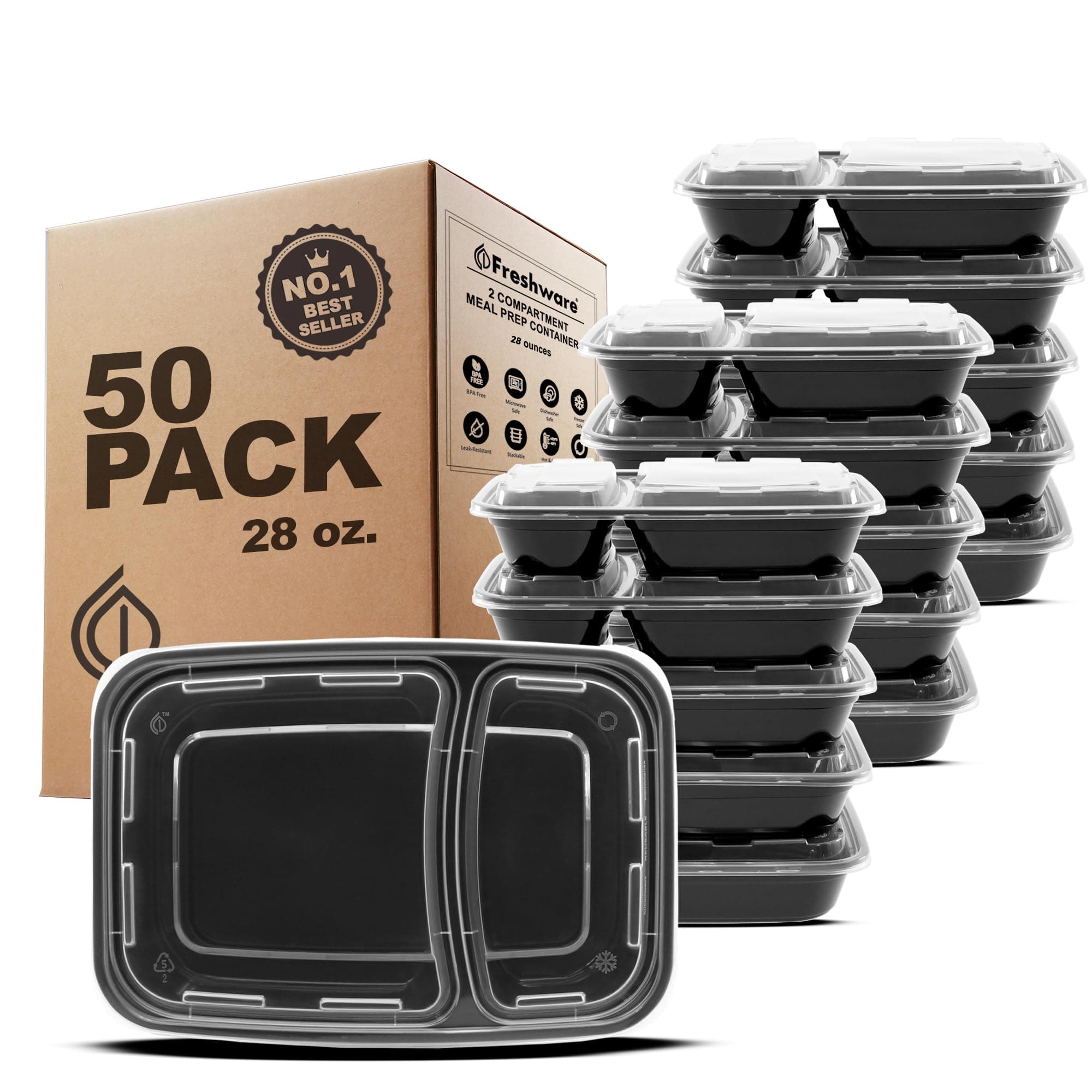 Freshware Meal Prep Containers [50 Pack] 2 Compartment with Lids, Food Storage Containers, Bento Box, BPA Free, Stackable, Microwave/Dishwasher/Freezer Safe (32 oz)