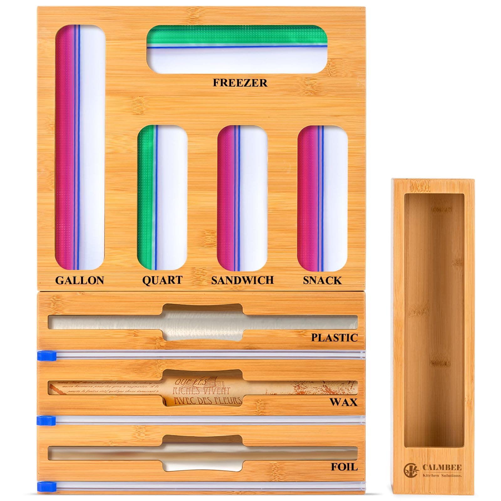 Calmbee 9 in 1 Bamboo Storage Bag Organizer for Kitchen Drawer – Plastic Wrap Dispenser with Cutter & Foil Organizer, Wooden Baggie Organizer for Sandwich, Snack, Gallon, Quart Sizes, Natural