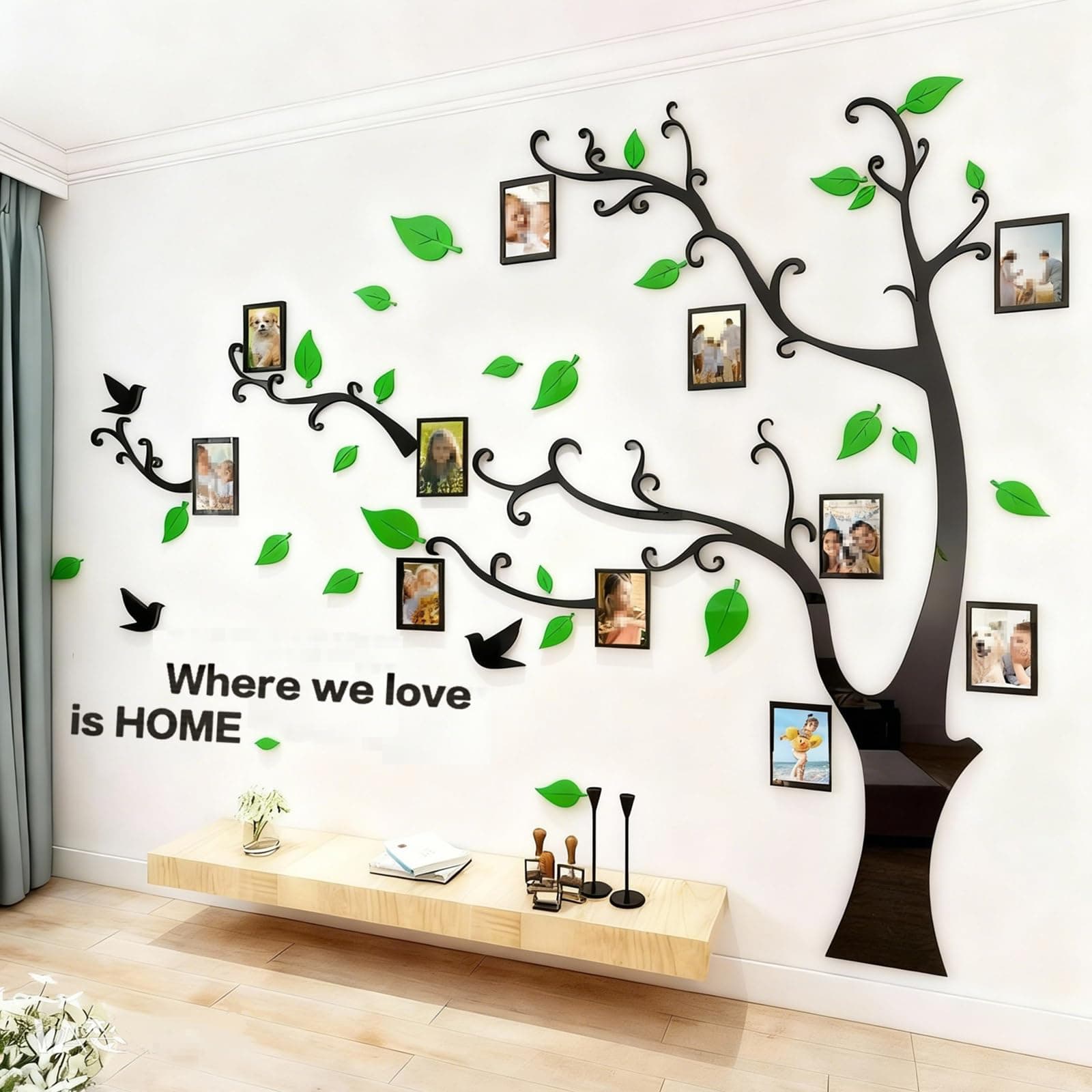 3D Tree Wall Stickers - DIY Photo Frame Tree Wall Decal Family Photo Frame Sticker Murals Wall Decor Living Room Bedroom TV Background Home Decorations (M:83 * 59in,Green Left)