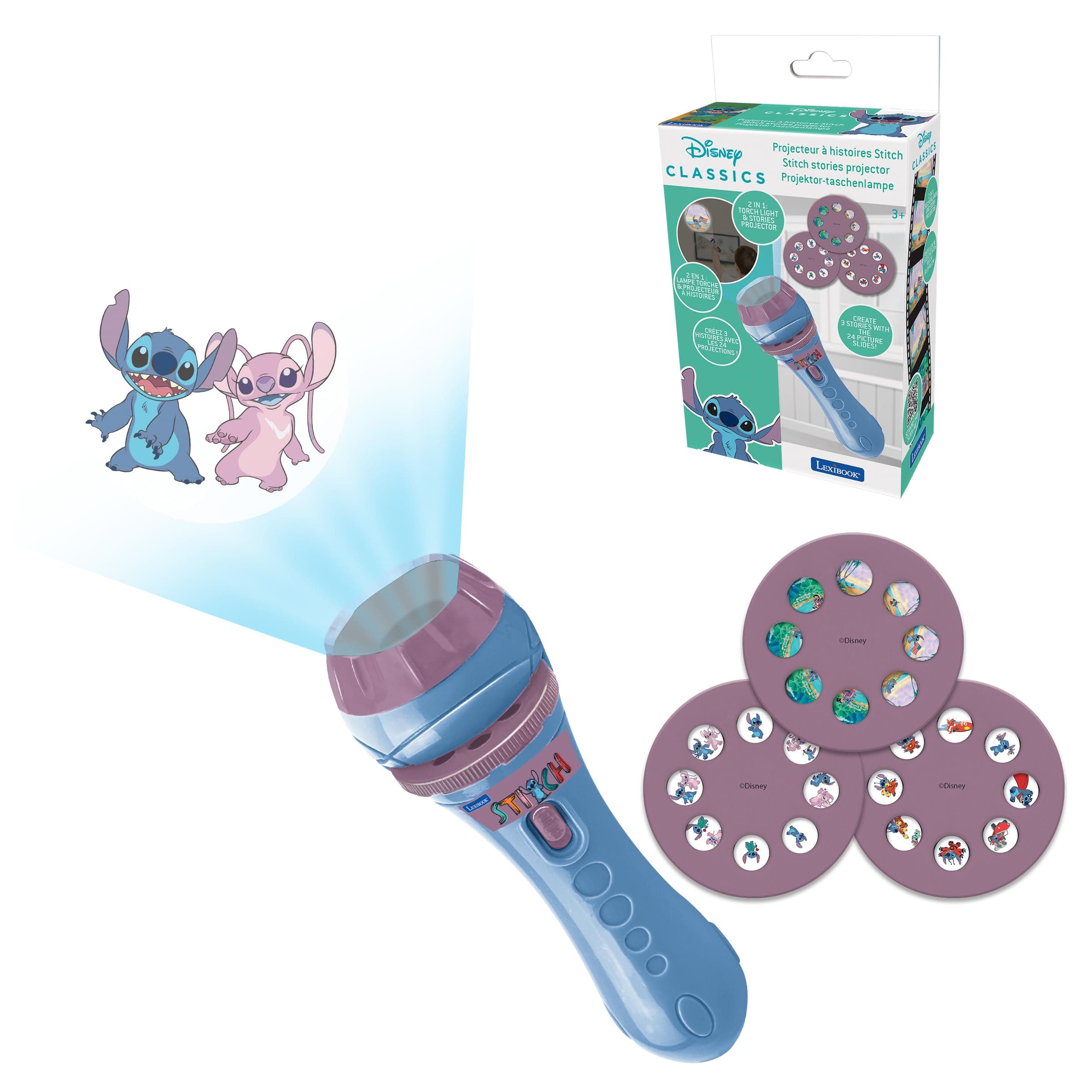 Disney Stitch - Stories projector, torch light and projector with 3 discs, 24 images, create your own stories, LTC050D