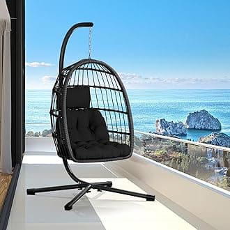 CHABATREE Egg Chair with Stand,Patio Rattan Wicker Hanging Swing Egg Chair Hammock Chair for Bedroom Porch Garden,Thickened Aluminum Alloy Steel Frame and UV Resistant Cushion,350LBS Capacity
