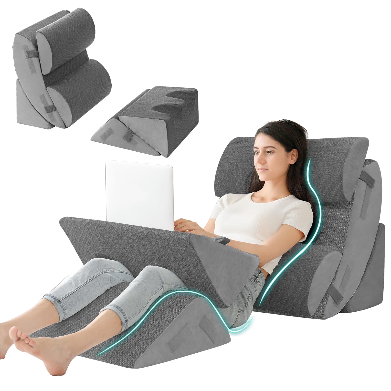 Hansleep Bed Wedge Pillow Set for After Surgery 6PCS, Post Surgery Pillow for Sleep Apnea and Acid Reflux Relief, Adjustable Reading Pillows Back Support with Memory Foam, Grey, 23"