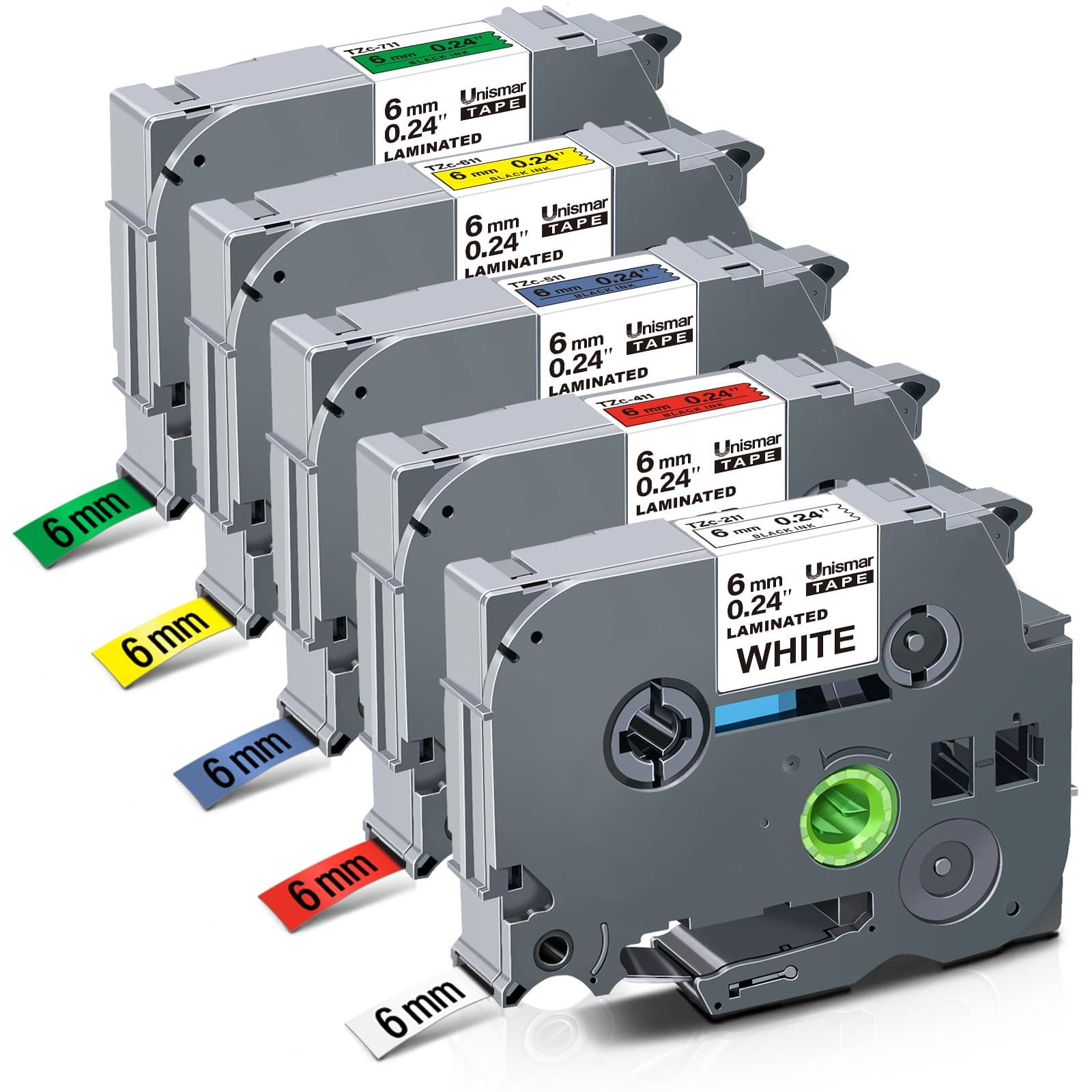 Unismar Compatible Label Maker Tape Replace for Brother Ptouch TZe211 TZe411 TZe511 TZe611 TZe711 6mm 0.23'' Laminated Tape for PT-D200 PT-D210 PT-D600 PT-D400 PT-H100 PT-H110, 1/4" x 26.2', 5-Pack