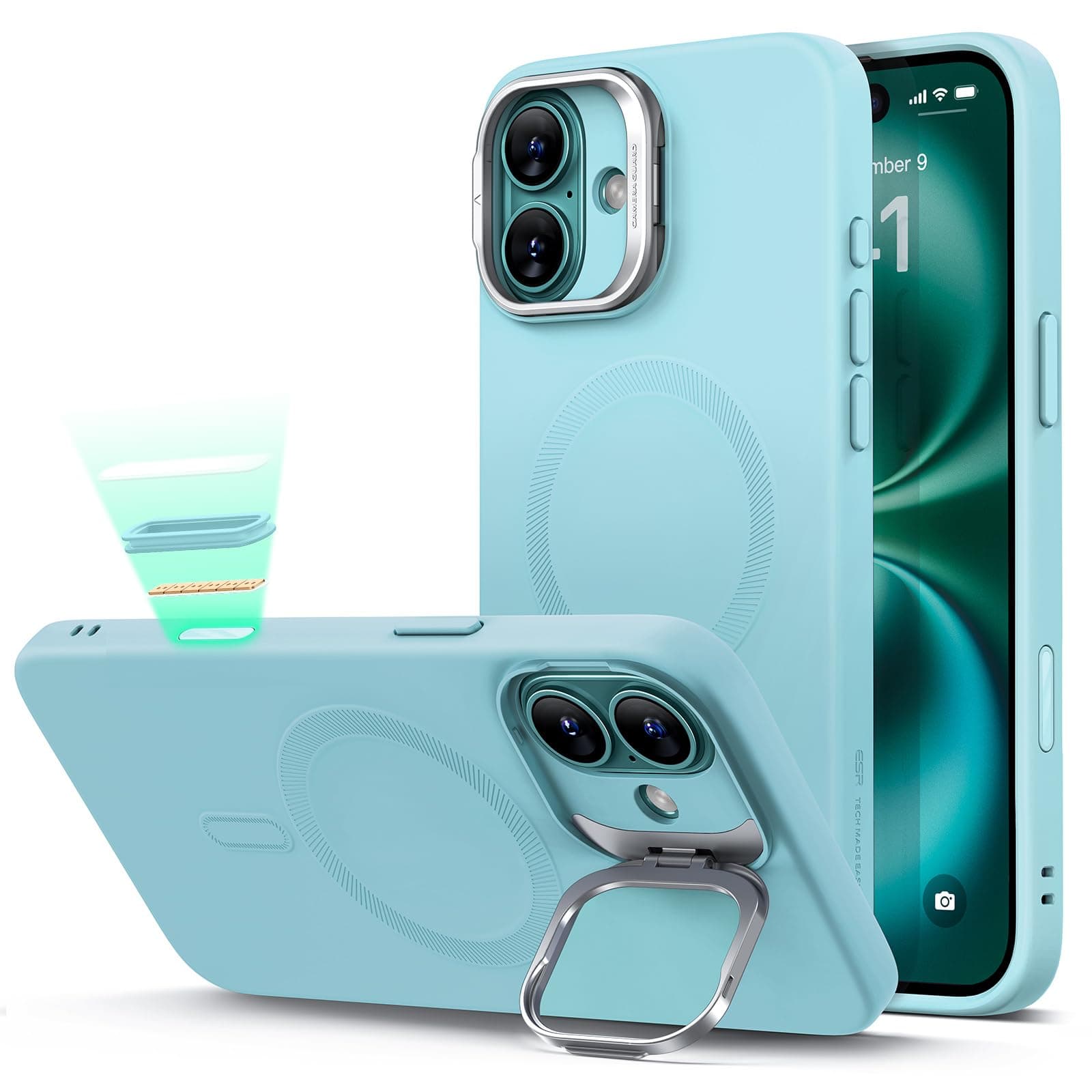 ESRfor iPhone 16 Plus Case, Camera Control Button Silicone Case with Stand, Compatible with MagSafe, Built-in Camera Stash Stand, Magnetic Phone Case for iPhone 16 Pro Max, Cloud Series, Teal