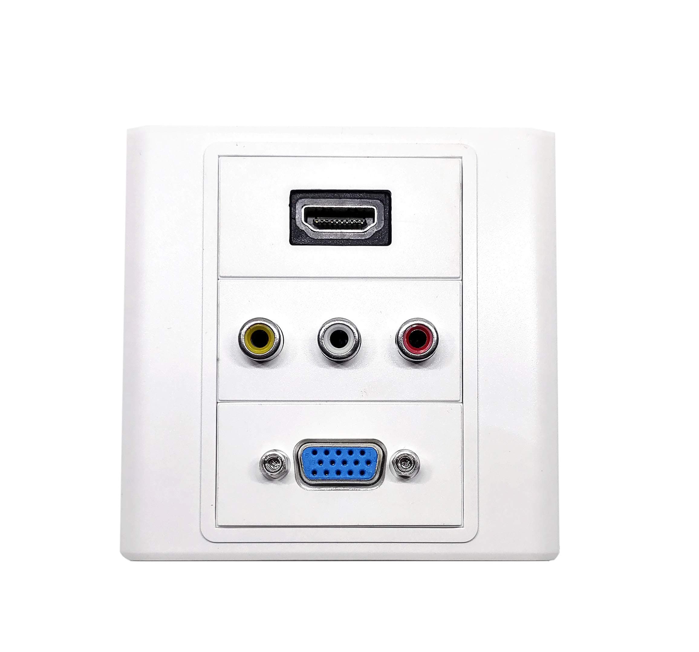 ANDTRONICS Multimedia Modular Wall Face Plate with HDMI + VGA + 3RCA (AV) Audio Video Panel Sockets - White