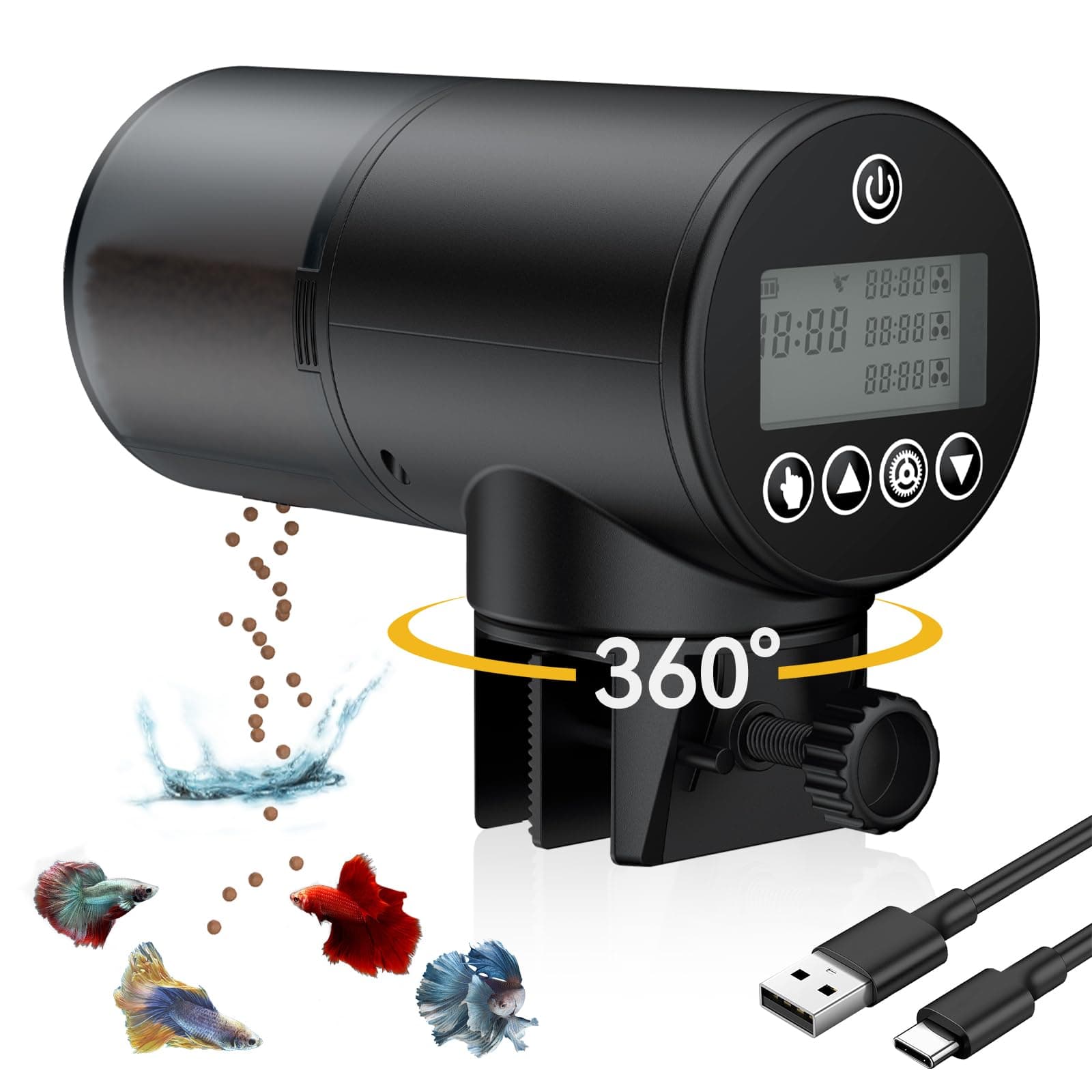 Pawfly Automatic Fish Feeder 200 ml for Aquarium USB Rechargeable Fish Accessories Holiday Food Feeder for Tank Adjustable Auto Food Dispenser for Pellets Strips