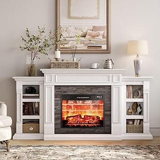 - Naice 72" Electric Fireplace with Mantel and Cabinets, Fireplace TV Stand for Living Room Bedroom, Stacked Stone Surround and Remote Control 3D Realistic Flame