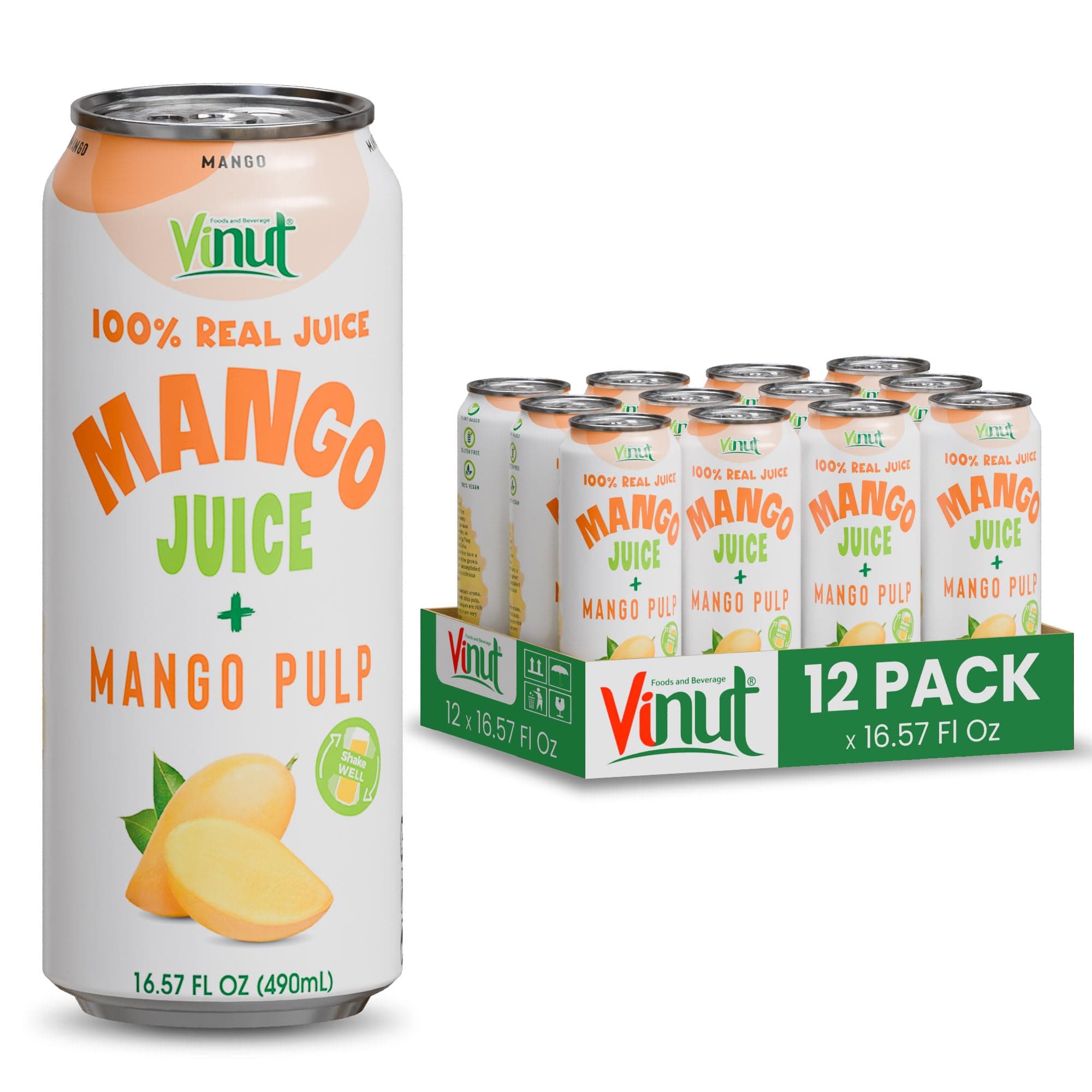 100% Mango Juice with Pulp (16.57 fl oz, Pack of 12), No Sugar Added, All Nature Mango Juice, Not From Concentrate, Gluten Free, GMO-Free, High Calcium, Iron