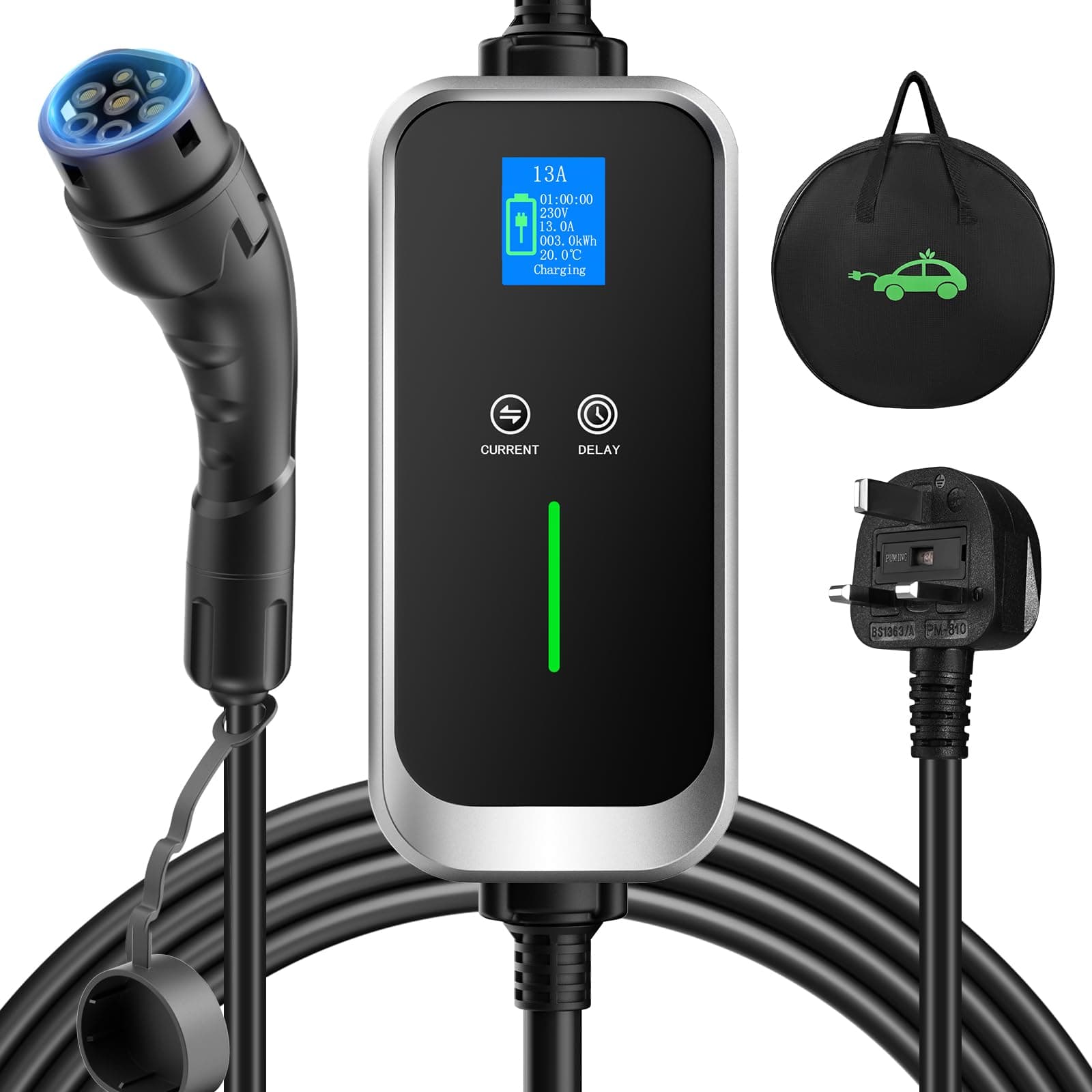 EV ChargerType 2 to 3 Pin Plug 6M, 6/8/10/13A Electric Car Charger, 3.3kW Type 2 EV Charging Cable 3 Pin with Delay Timer&Digital Screen