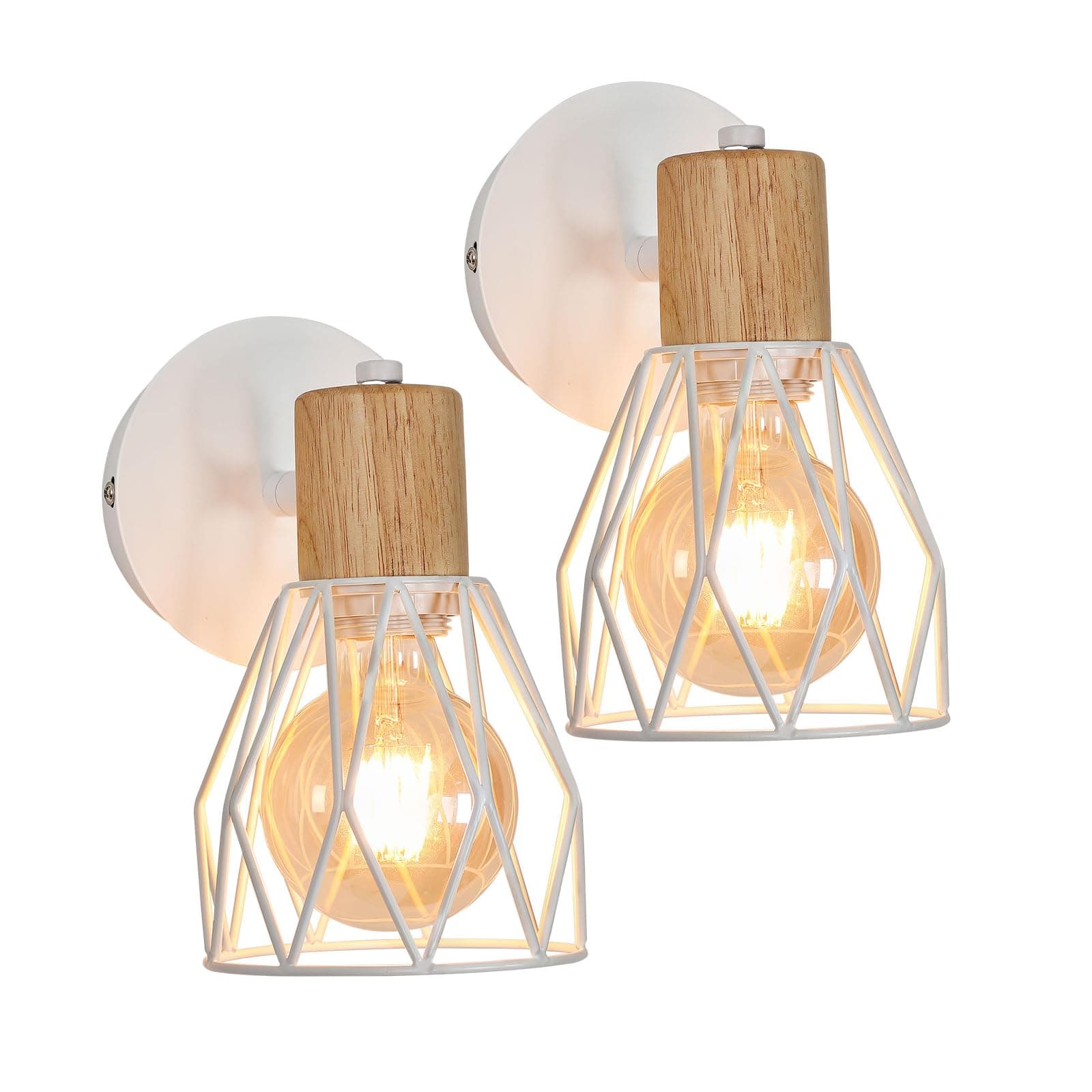 DAXGDIndustrial Wall Sconce Indoor, 2 Pack Wall Lamp White E27, Adjustable Cage Lamp Wooden Metal Sconce for Home Living Room Hallway Shop