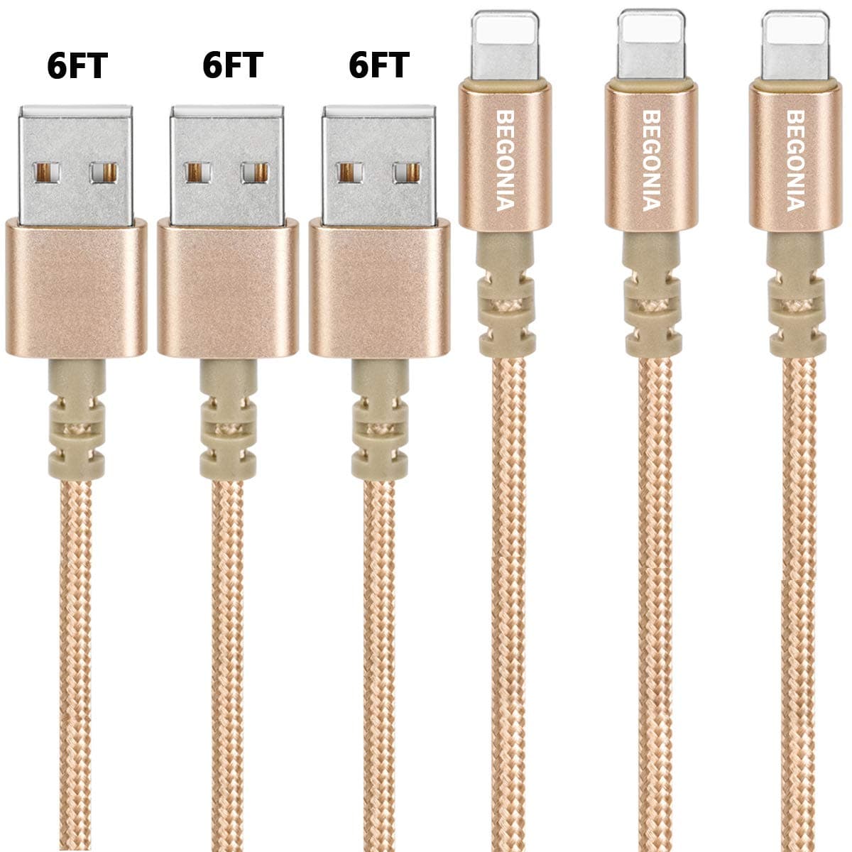 iPhone Charger Begonia Nylon Braided USB Cable 3PACK (6FT) Fast Charging Cable Cord Compatible with iPhone,iPad, iPod and More (Gold)