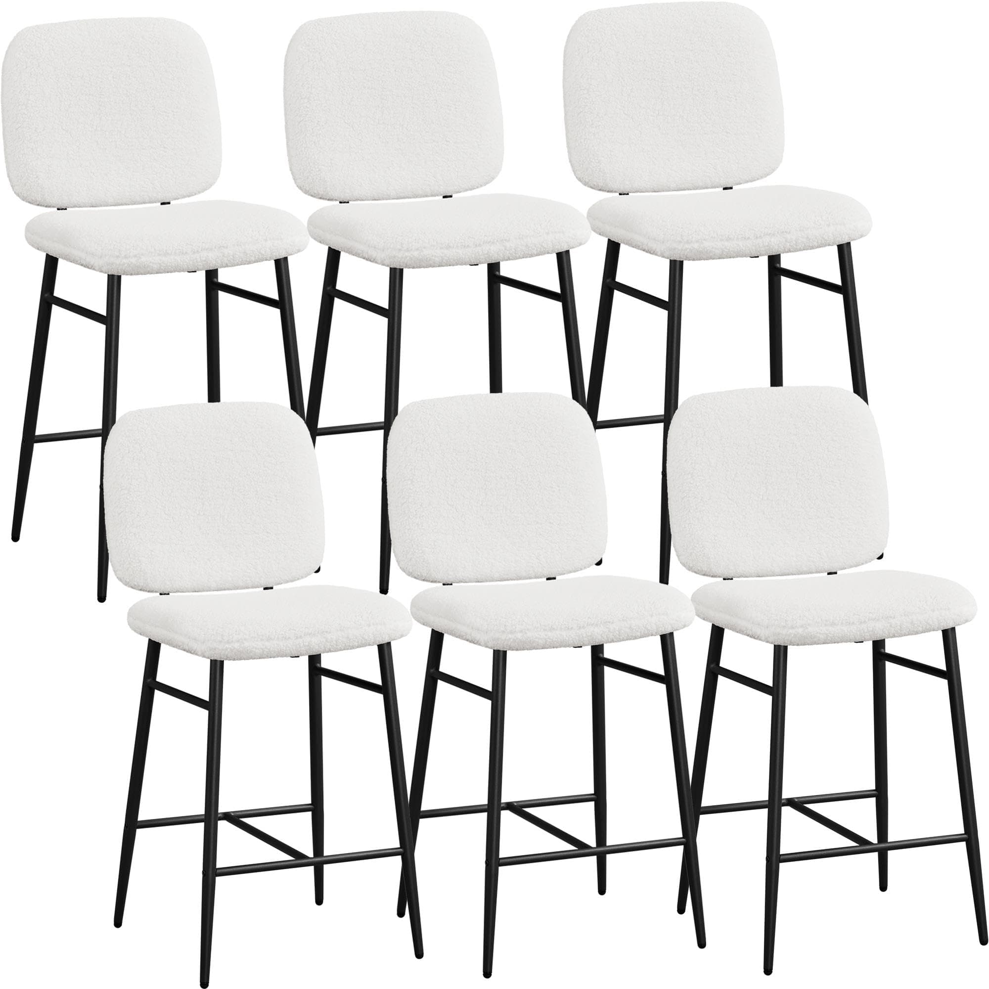 Yaheetech Boucle Bar Stools Set of 6 White Fabric Kitchen Counter Stools Upholstered Pub Chairs w/Metal Legs Mid Back for Dining Room Home Bar