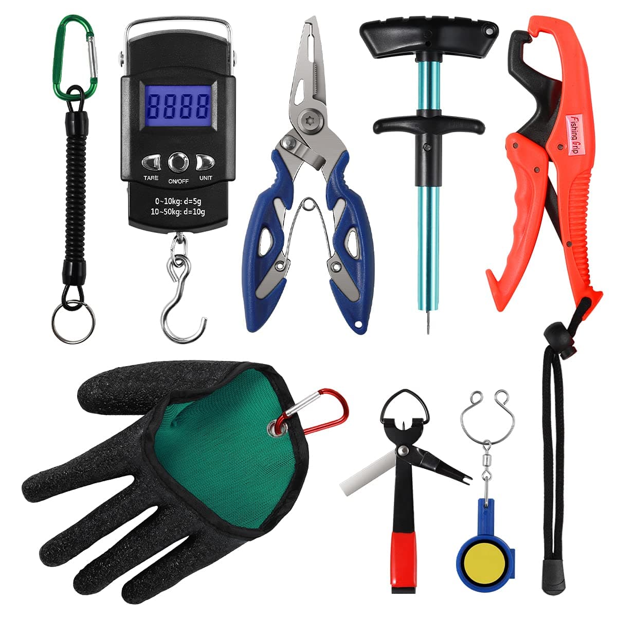 YUWU 8 Pack Fishing Tool Kit Set Includes Fish Gripper, Fishing Pliers, Digital Fish Scale, Left Hand Glove, Quick Knot Tying and Hook Remover Tool, Retractable Lanyards Gear Accessories Equipment