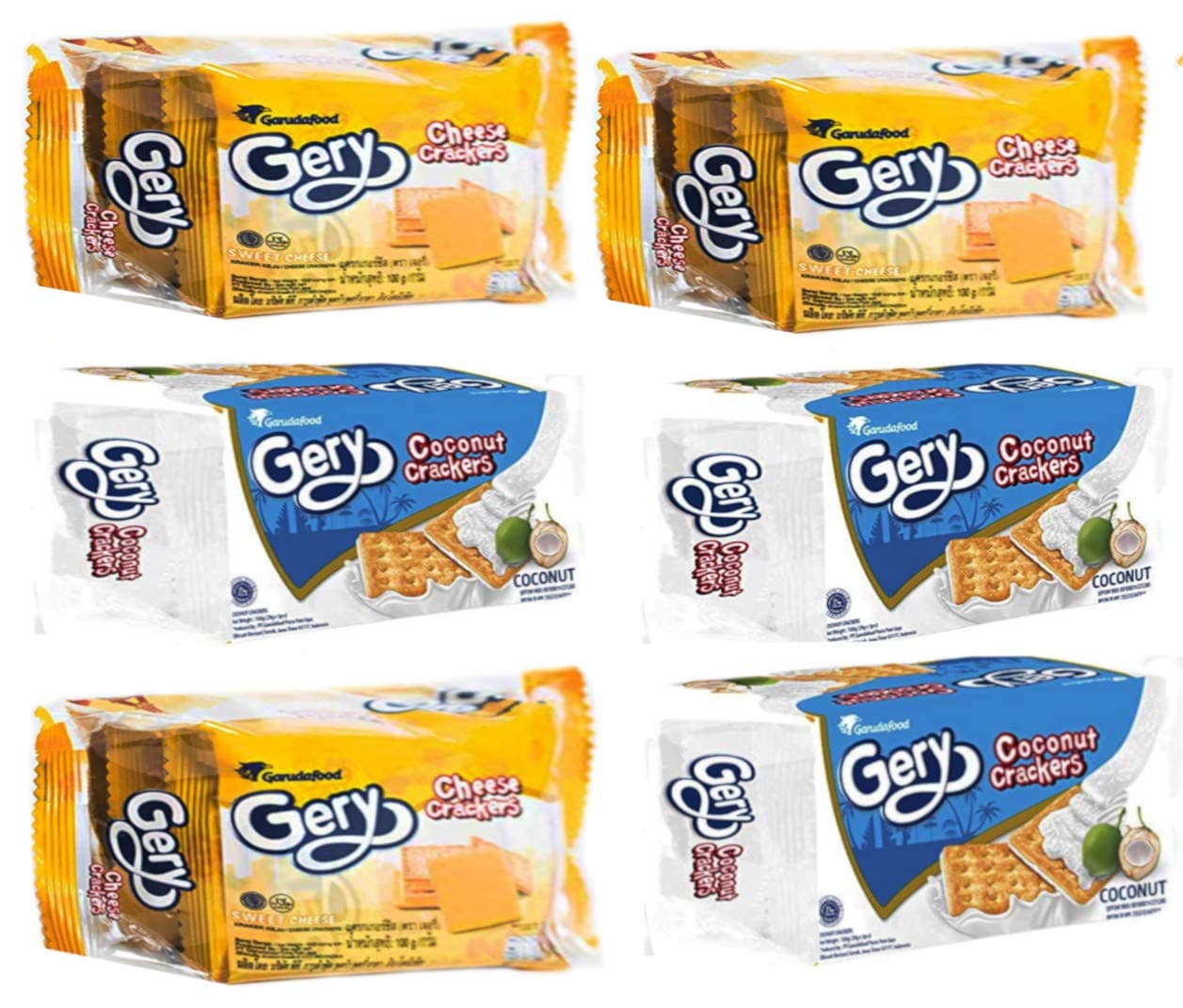 Gery Cheese Crackers and Gery Coconut Crackers Combo, 3 packs each (6 total)