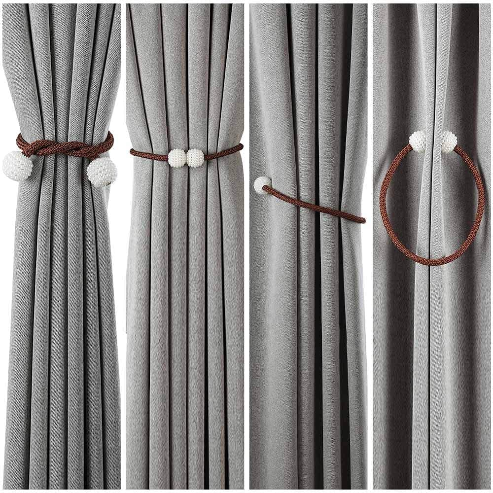 HomeCloud Magnetic Curtain Tiebacks Convenient Drape Tie Backs - Pearl Decorative Rope Holdback Holder for Window Drapries Color Brown (1pair 2 pcs)