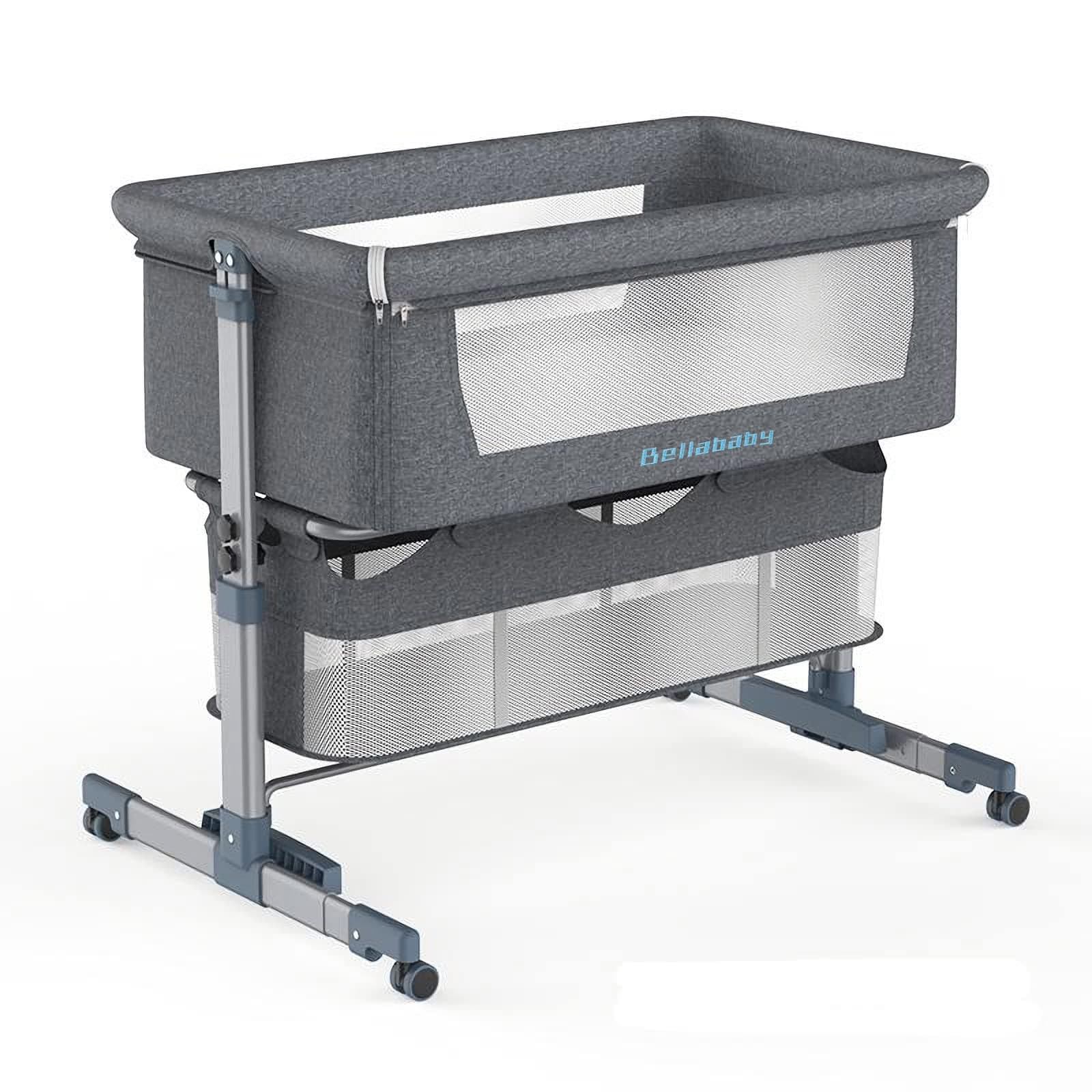 Bellababy Bedside Bassinet, Bedside Sleeper, Bedside Crib with Storage Basket, Easy Folding Portable Crib, Adjustable Portable Bed for Infant/Newborn (Dark Grey)