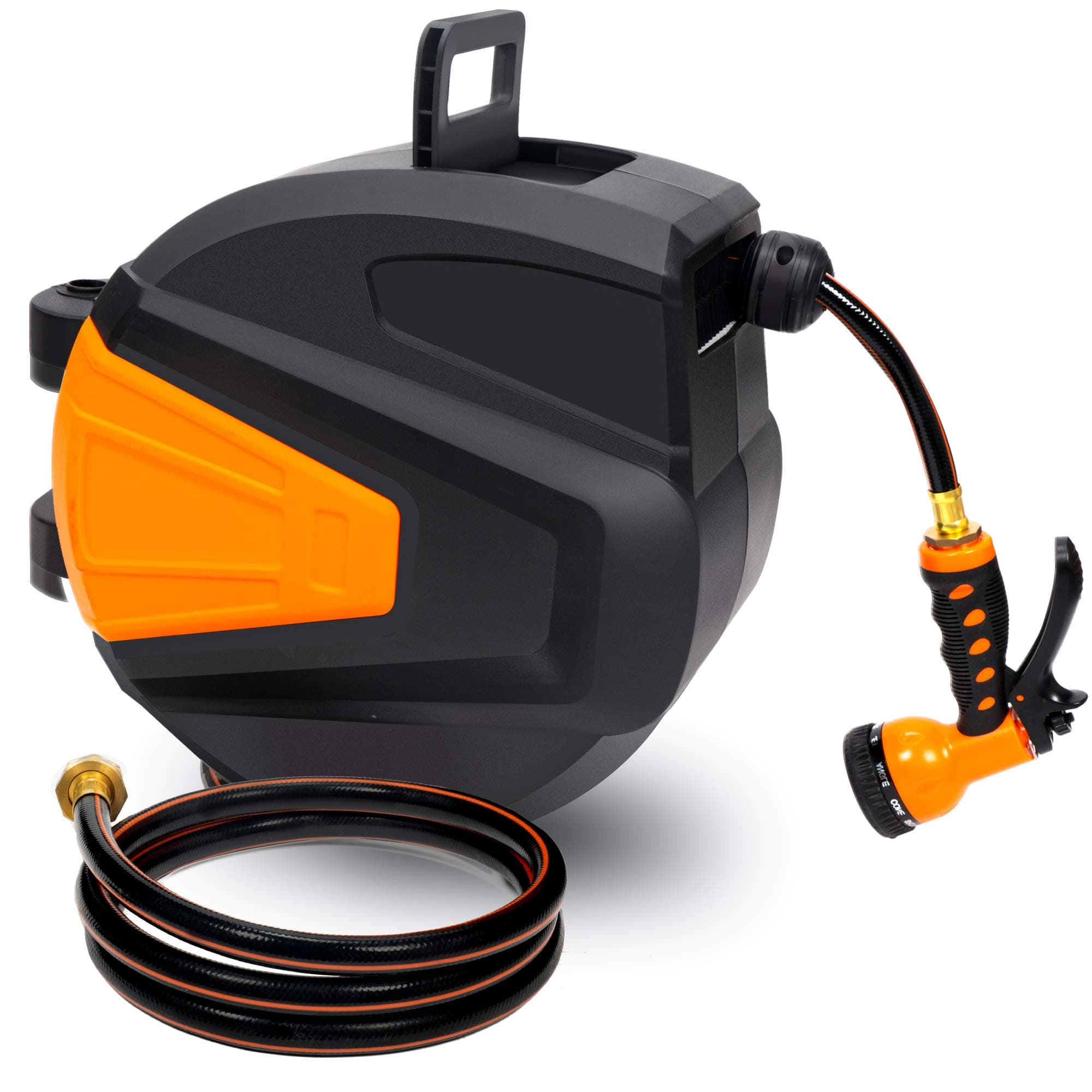 ORCISH Hose Reel,3/8 66 FT Wall Mounted Retractable Garden Hose-Reel with 9 Adjustable Sprayer Nozzle Any Length Lock/Automatic Rewind/Slow Return System/Wall Mounted/180°Swivel Bracket(BLACK)