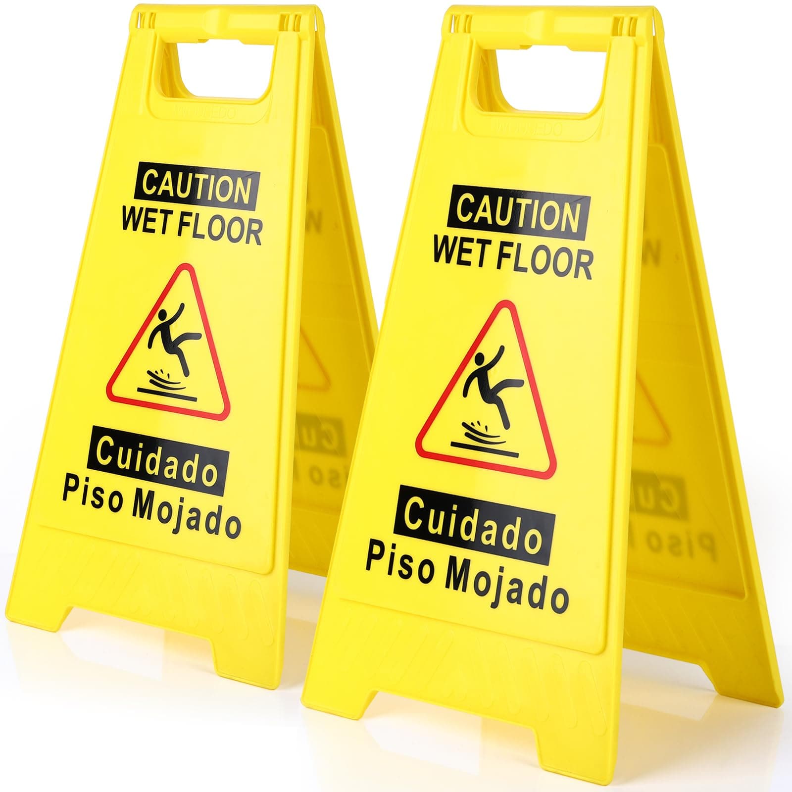 WOUSEDO 2-Pack Caution Wet Floor Sign,17.5" Height,Bright Yellow Double-Sided Folding A-Shaped Frame Design, Bilingual Caution Message