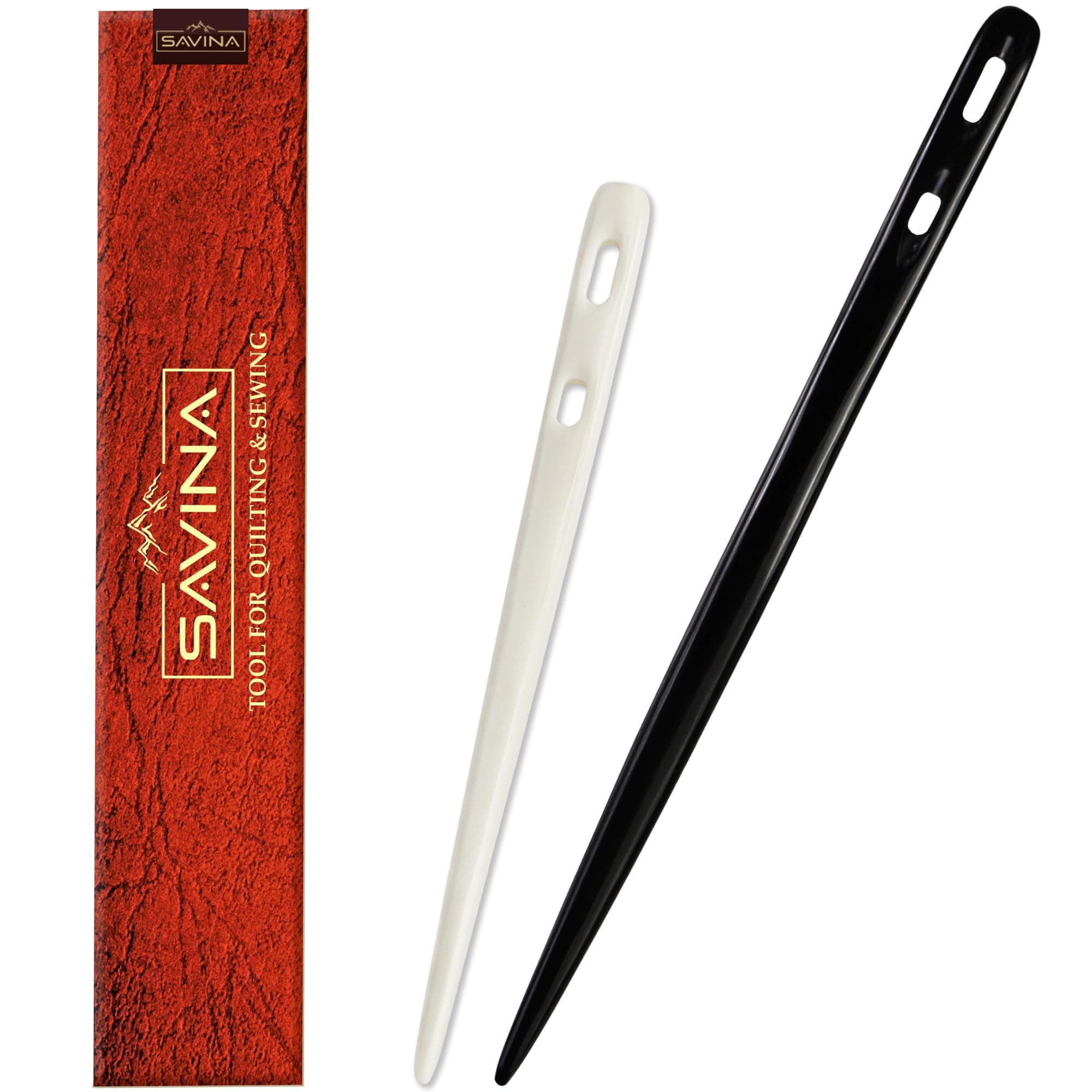 Savina Set 2 Nalbinding Needle Bone & Horn with Large Two-Eyed. Handmade Binding Tool, Multipurpose Weaving/Knitting/Stitching Needles for Craft Work